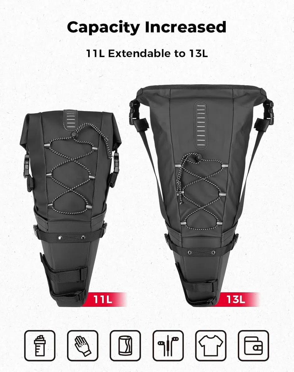 KEMIMOTO Torba podsiodłowa na rower 11 l, 100% wodoszczelna torba na siodełko rowerowe, torba do siedzenia na rower wyścigowy, torba podsiodłowa do rowerów elektrycznych i MTB, z paskiem mocującym do