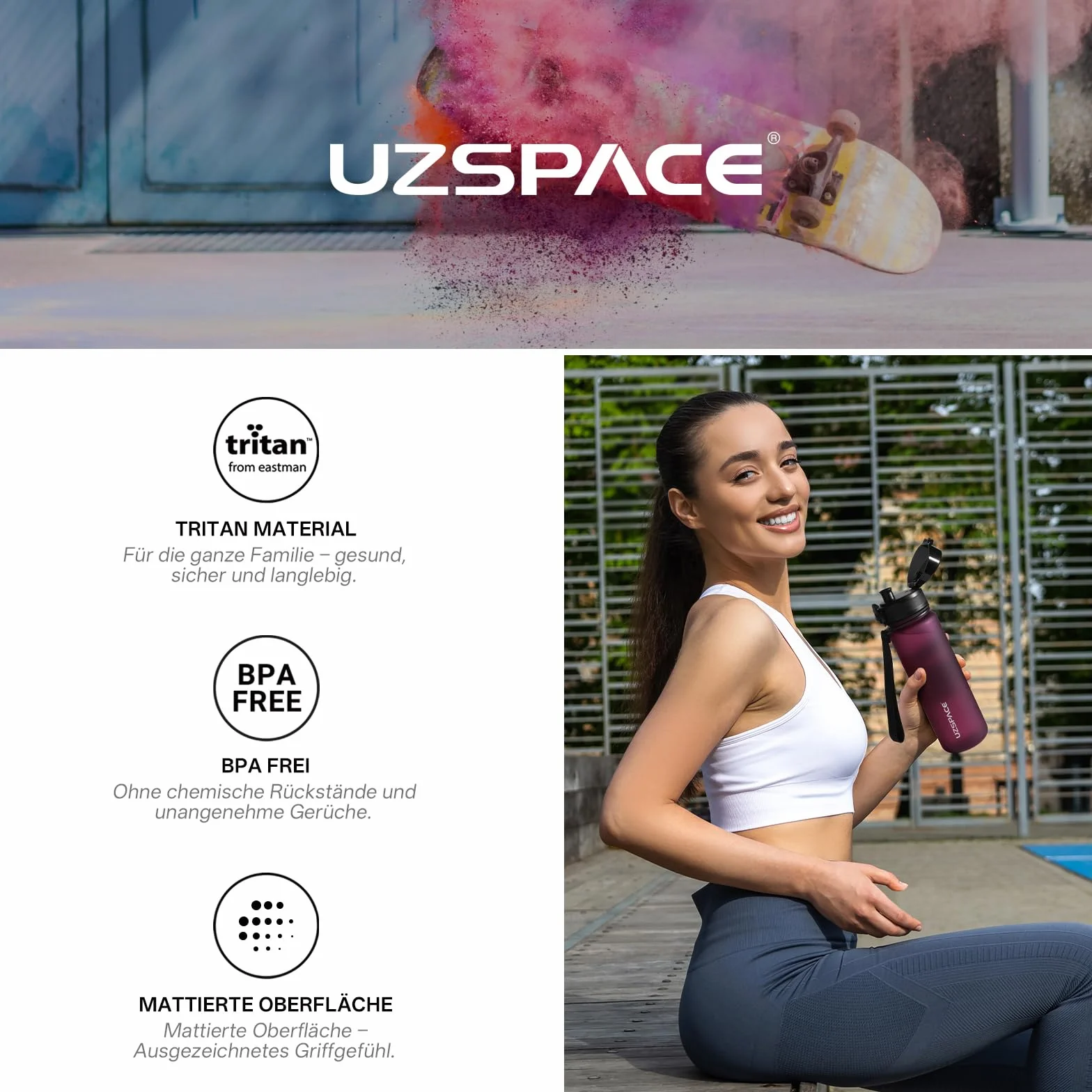 UZSPACE Butelka na wodę 500 ml / 800 ml / 1000 ml, Bez BPA, Plastik Tritan, Szczelna, idealne picie dla dzieci, do szkoły, na siłownię, na rower, do biegania, na zewnątrz