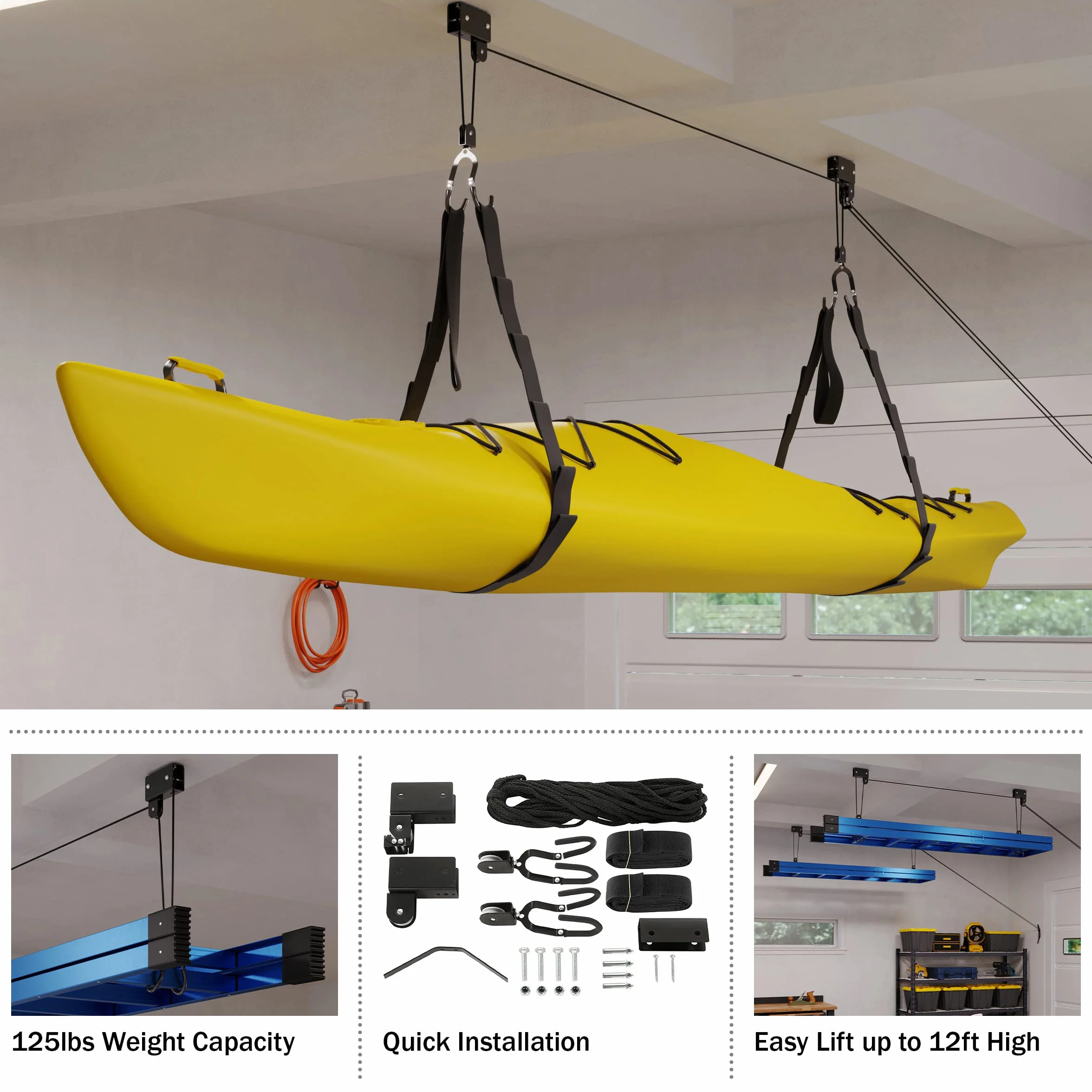 Wciągnik kajakowy – napowietrzny system kół pasowych do przechowywania kajaków, kajaków, rowerów lub drabiny (nośność 56 kg)