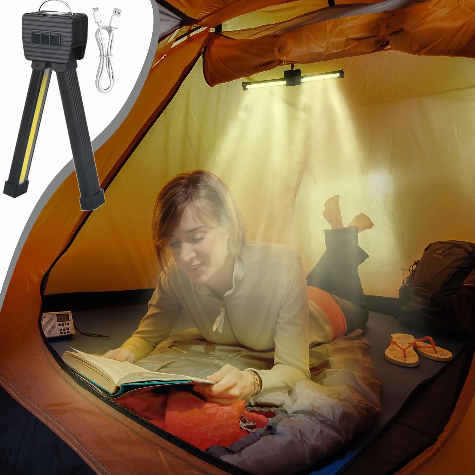 Gym Lamp Light, Waterproof Led Flashlight, 17.8x5.2x3.2cm/7.01x2.05x1.26 Inches 7-Grade Dimming, Rechargeable 180-Degree Folding Worklight, Magnet Hook, for Outdoor, Gardening