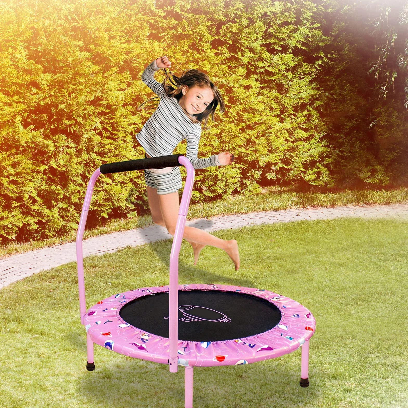Trampolina dziecięca Ø 96 cm, do użytku wewnątrz i na zewnątrz, mini trampolina dziecięca z regulowanym uchwytem z pianki i wyściółką bezpieczeństwa, cicha trampolina fitness dla dzieci od 2 lat