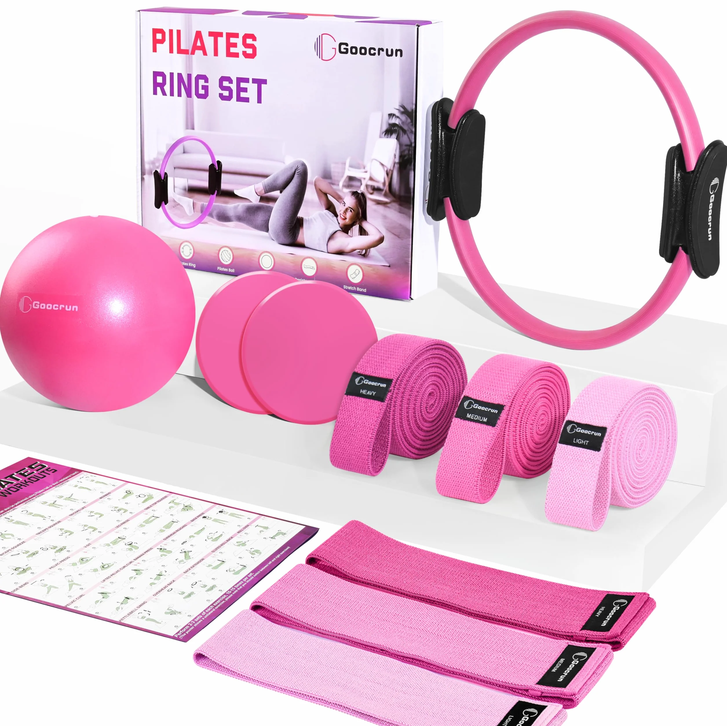 Goocrun Zestaw pierścionków do pilatesu, sprzęt do ćwiczeń z materiałowymi taśmami oporowymi, piłką do pilatesu, płytami ślizgowymi – sprzęt treningowy, do domu, na siłownię, kompletny plakat fitness