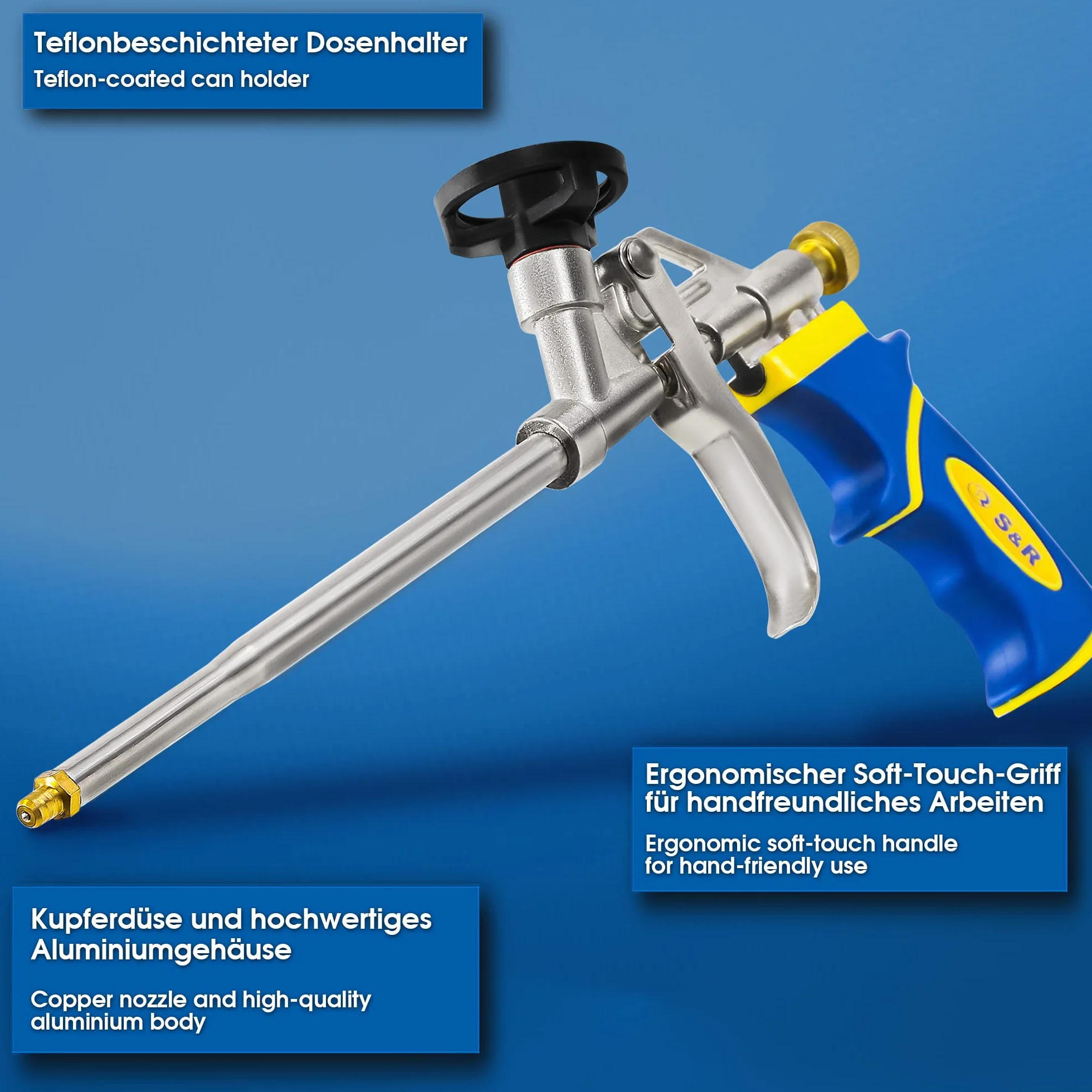 S&R Pistolet do piany, pistolet dozujący przemysłowy do puszek z pianki budowlanej, ergonomiczny uchwyt, powłoka teflonowa