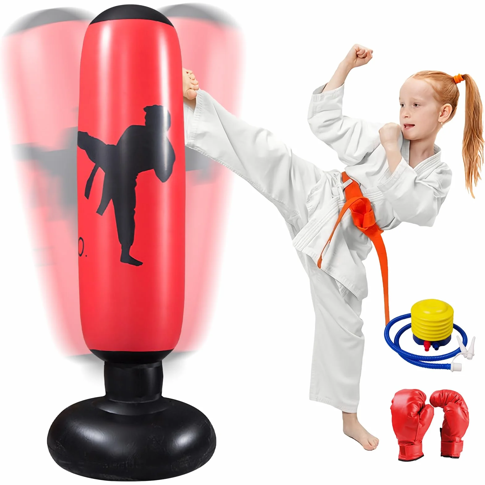 Worek bokserski dla dzieci, nadmuchiwany worek bokserski, 160 cm, stojący worek bokserski z pompką i rękawicami bokserskimi do karate, kickboxingu, sprzętu treningowego, na prezent