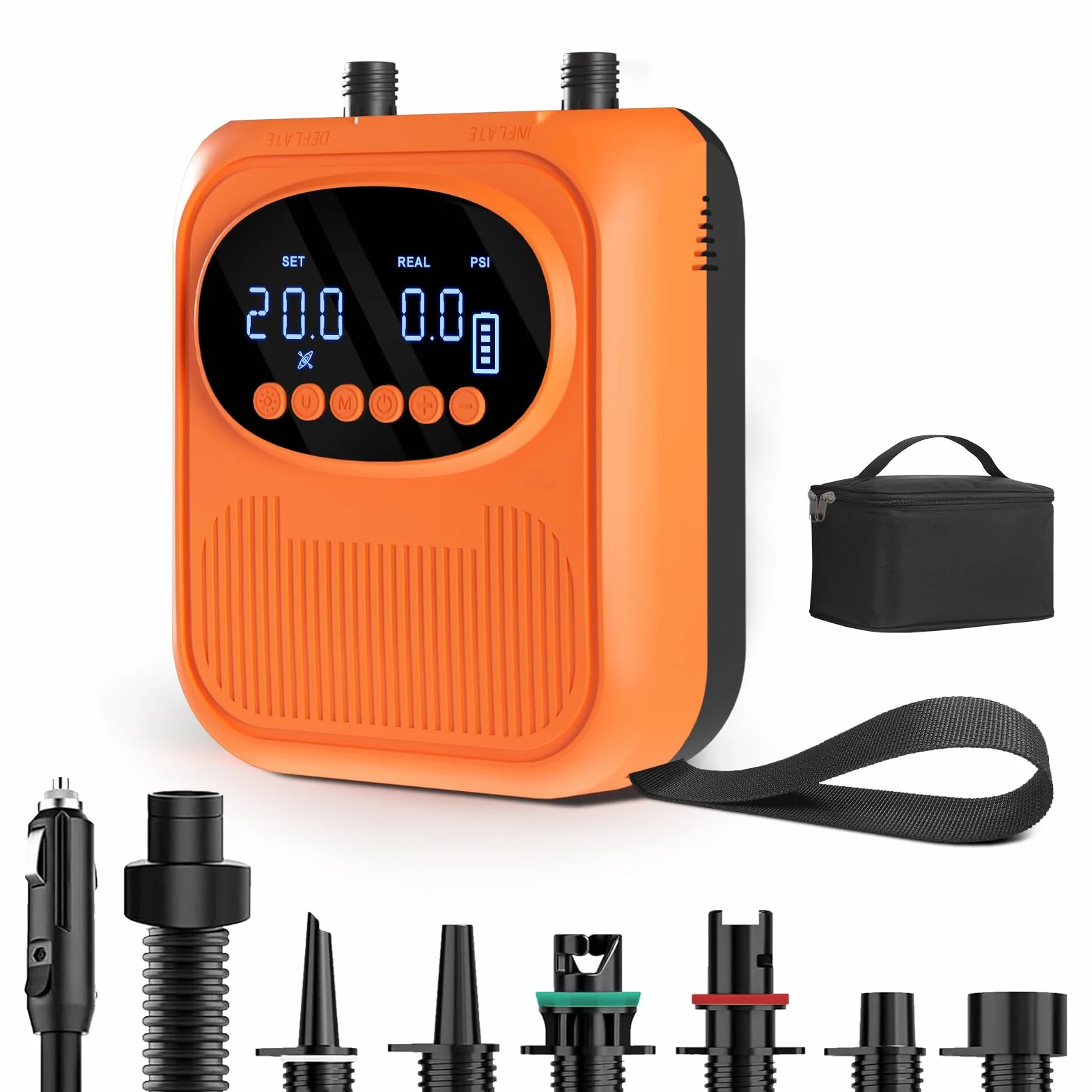 Mojimdo Elektryczna Pompa do SUP 20PSI - 5 trybów, szybkie pompowanie 2-stopniowe, auto-off, ładowanie 12V DC, do desek, namiotów, materacy