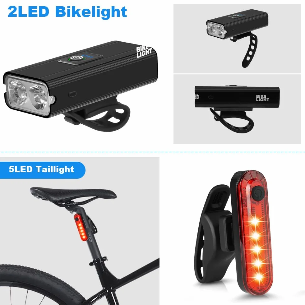 Ainiv Światła rowerowe z przodu i z tyłu, super jasne, 6 trybów świecenia, przednie światła LED, typ C, ładowalne światła rowerowe, wodoodporny reflektor rowerowy do roweru szosowego, MTB, wędkowania