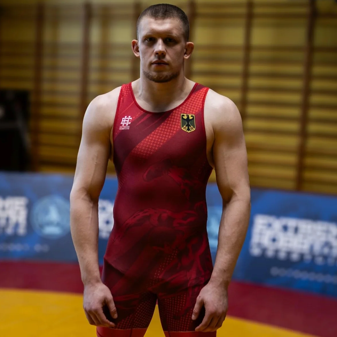 Trykot zapaśniczy dla mężczyzn SYMBOL NIEMCY profesjonalny kostium na zapasy, strój wrestlingowy, koszulka zapaśnicza męska, wrestling singlet