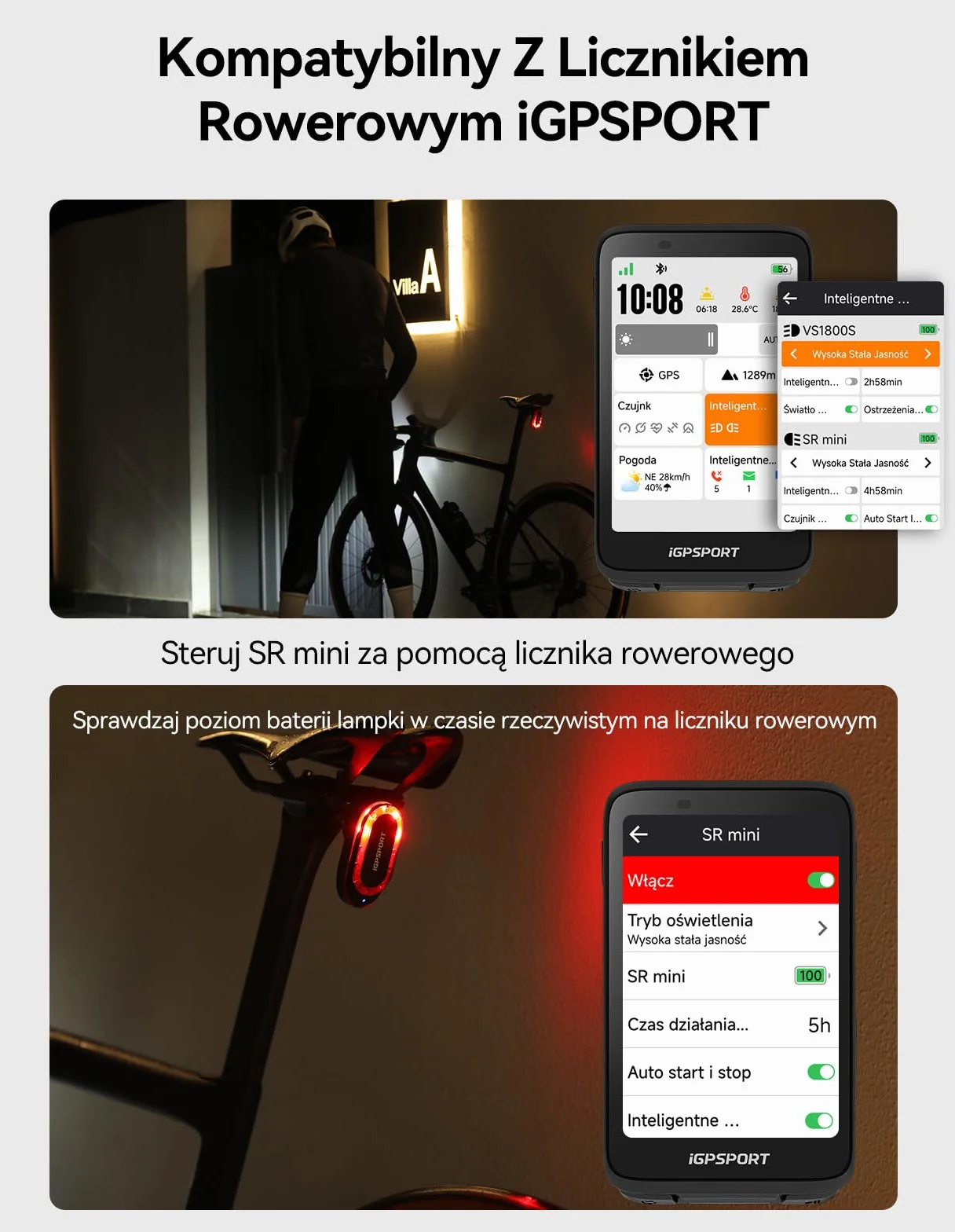 iGPSPORT SRmini Tylna Lampka Radarowa Rowerowa 65 Lumenów ANT+ Bluetooth 5.0 20h Czasu Pracy