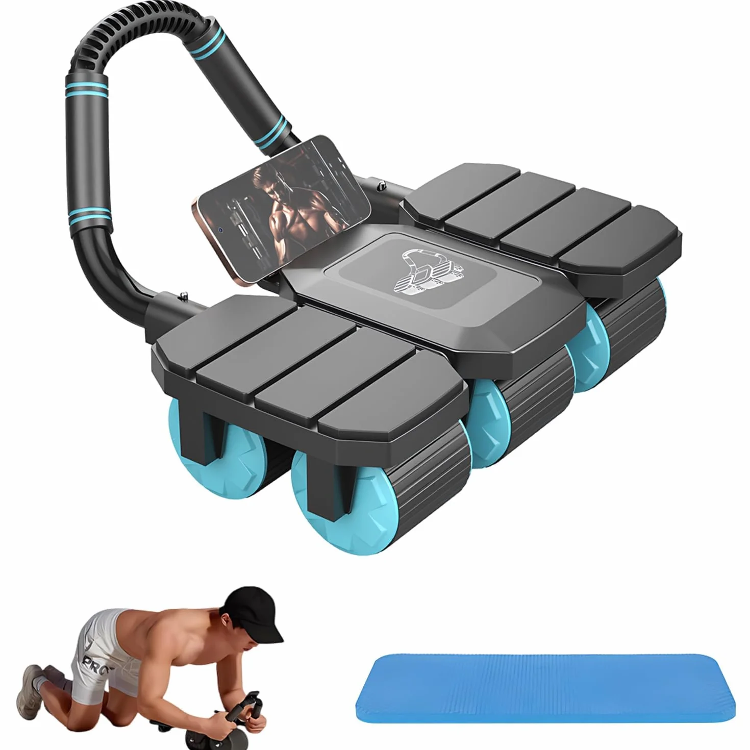 Automatyczny wałek do ćwiczeń mięśni brzucha z 6 kółkami, do treningu mięśni brzucha, 150 kg, Heavy Duty Core Trainer, z uchwytem na telefon