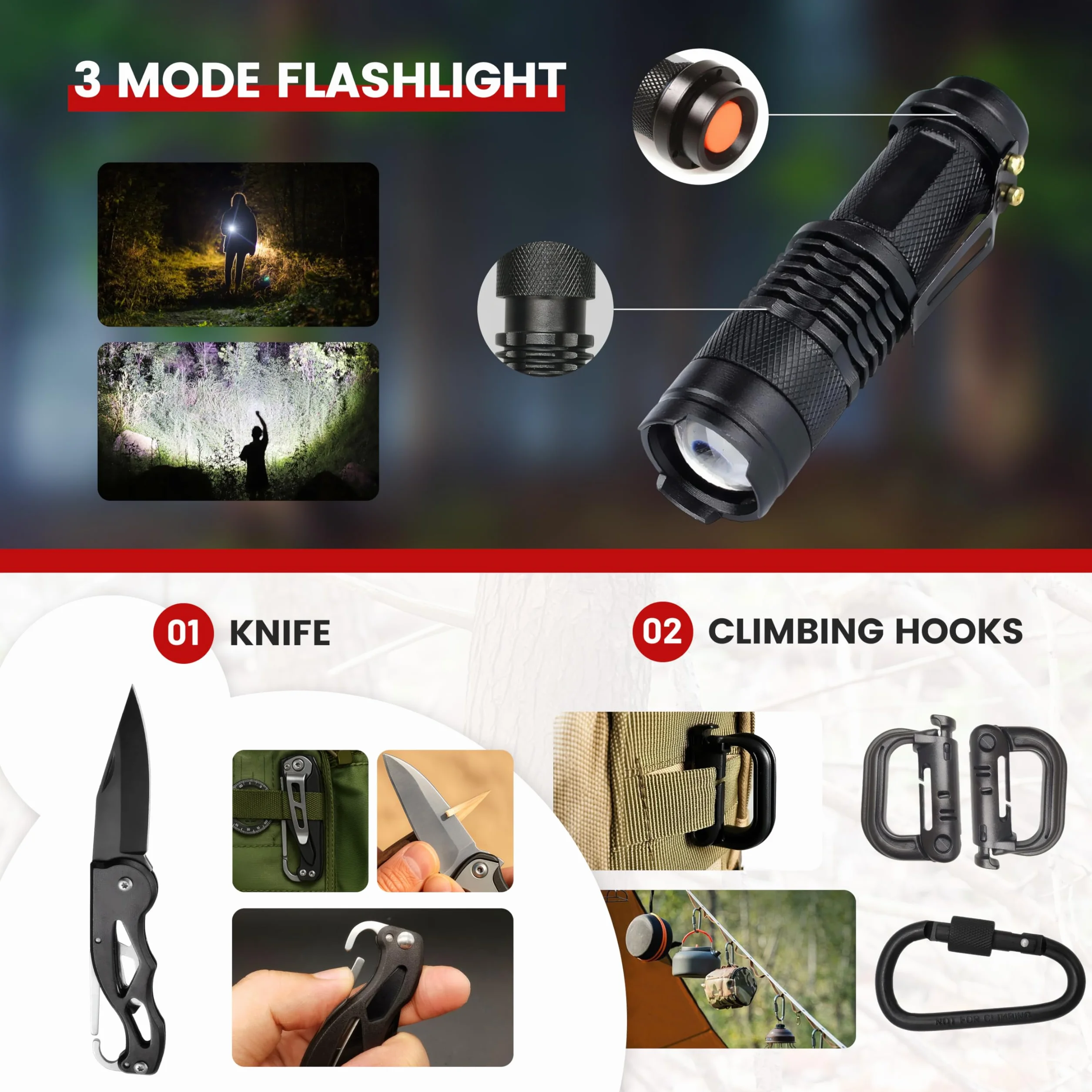 Zestaw survivalowy 206-elementowy z wyposażeniem ratunkowym plecak kompas łopatka lampka kempingowa peleryna przeciwdeszczowa namiot