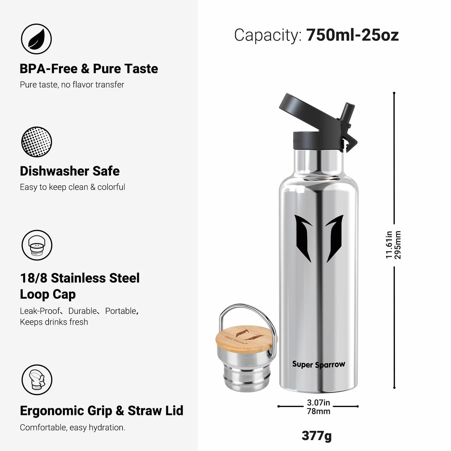 Super Sparrow Butelka na wodę ze stali nierdzewnej - 350 ml / 500 ml / 620 ml / 750 ml / 1L - Izolowana próżniowo metalowa butelka na wodę - Kolba bez BPA ze słomką do pracy, siłowni, podróży, sportu