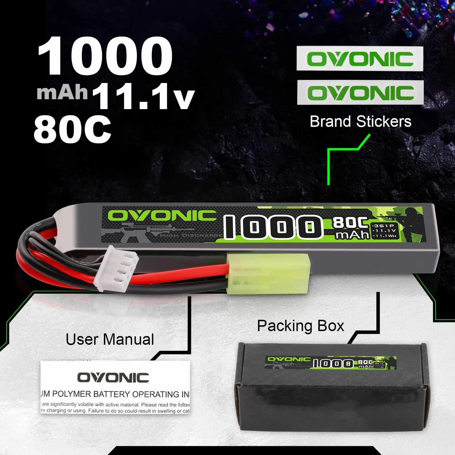 OVONIC 3S Lipo 11,1 V 80C 1000 mAh Airsoft Lipo akumulator z wtyczką Mini TMY do pistoletów Airsoft (2 szt.)