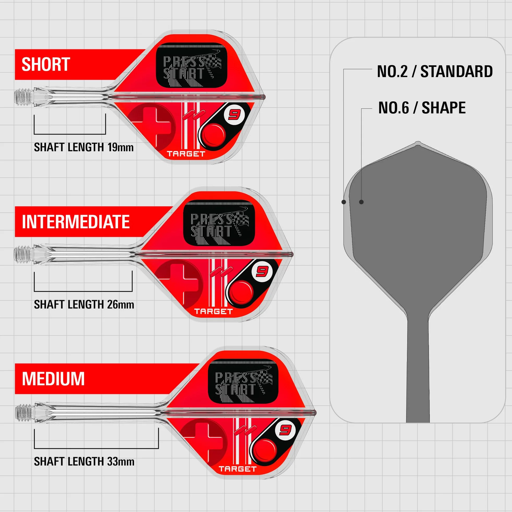 Target Darts K-Flex Game Over, Press Start & You Win No.2 – Zestaw 3 zintegrowanych skrzydełek i trzonków do rzutek, system trzonków odlewanych typu "wszystko w jednym”, Short, Intermediate & Medium.