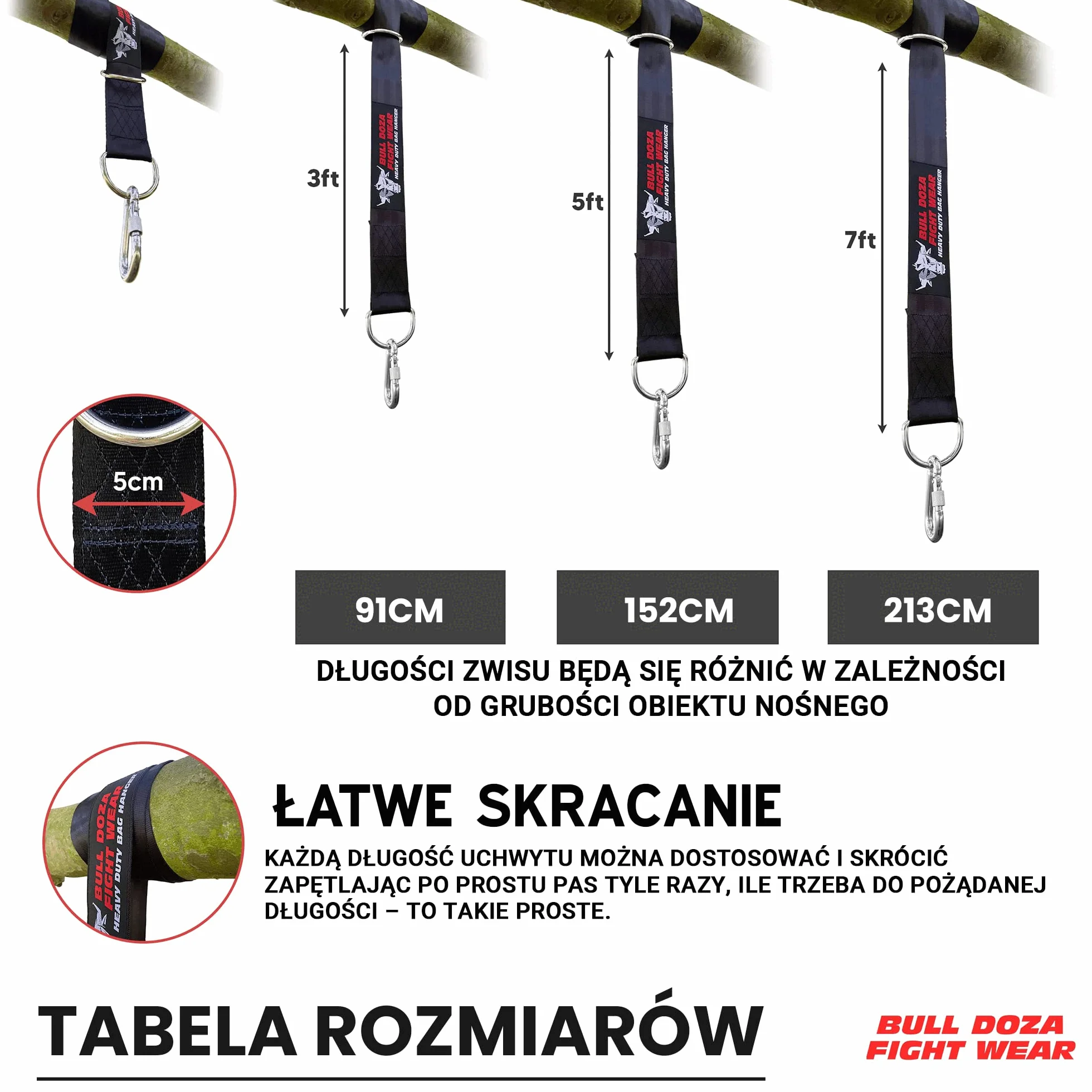 BULL DOZA FIGHT WEAR Pasek do worka bokserskiego, wytrzymały wieszak 226 kg, 1,5 m, czarny