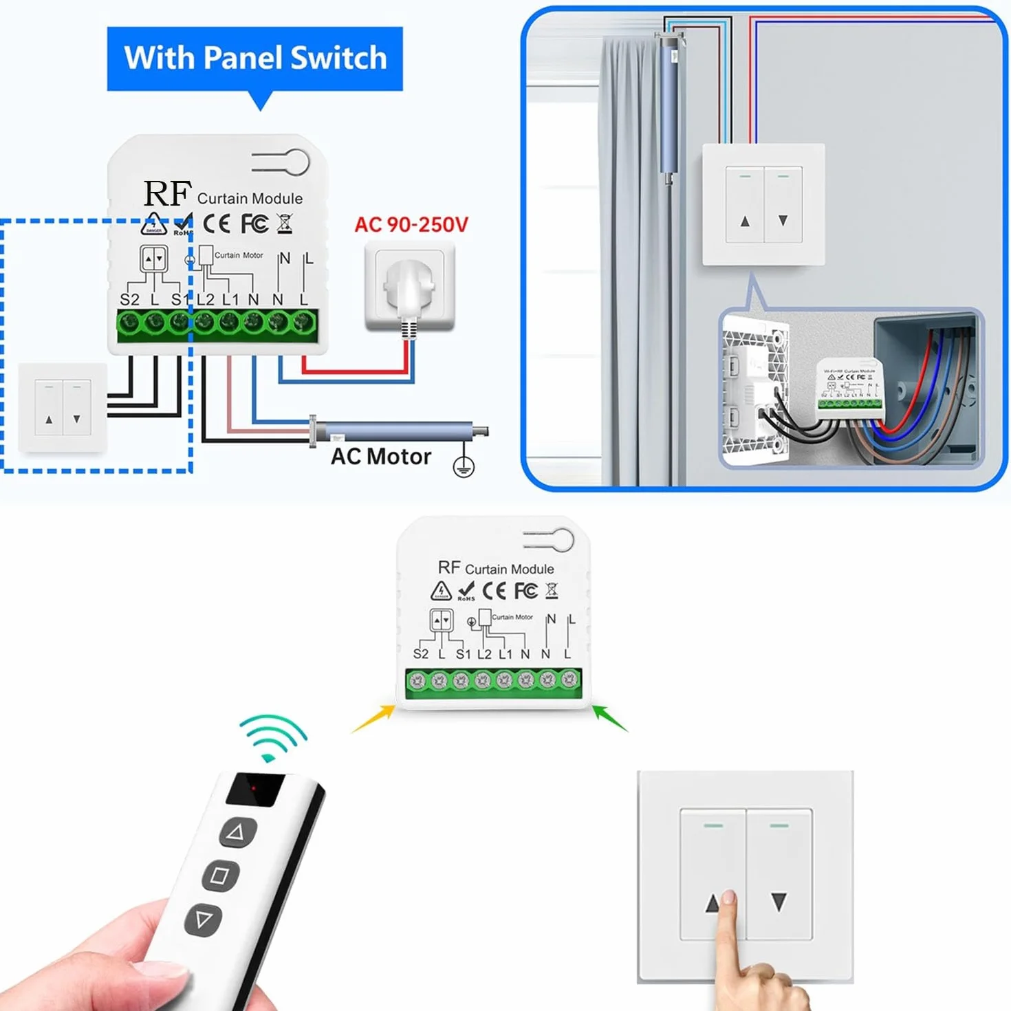 Bezprzewodowy moduł przełącznika rolet AC 220V 230V, nadajnik radiowy, zasięg 100m