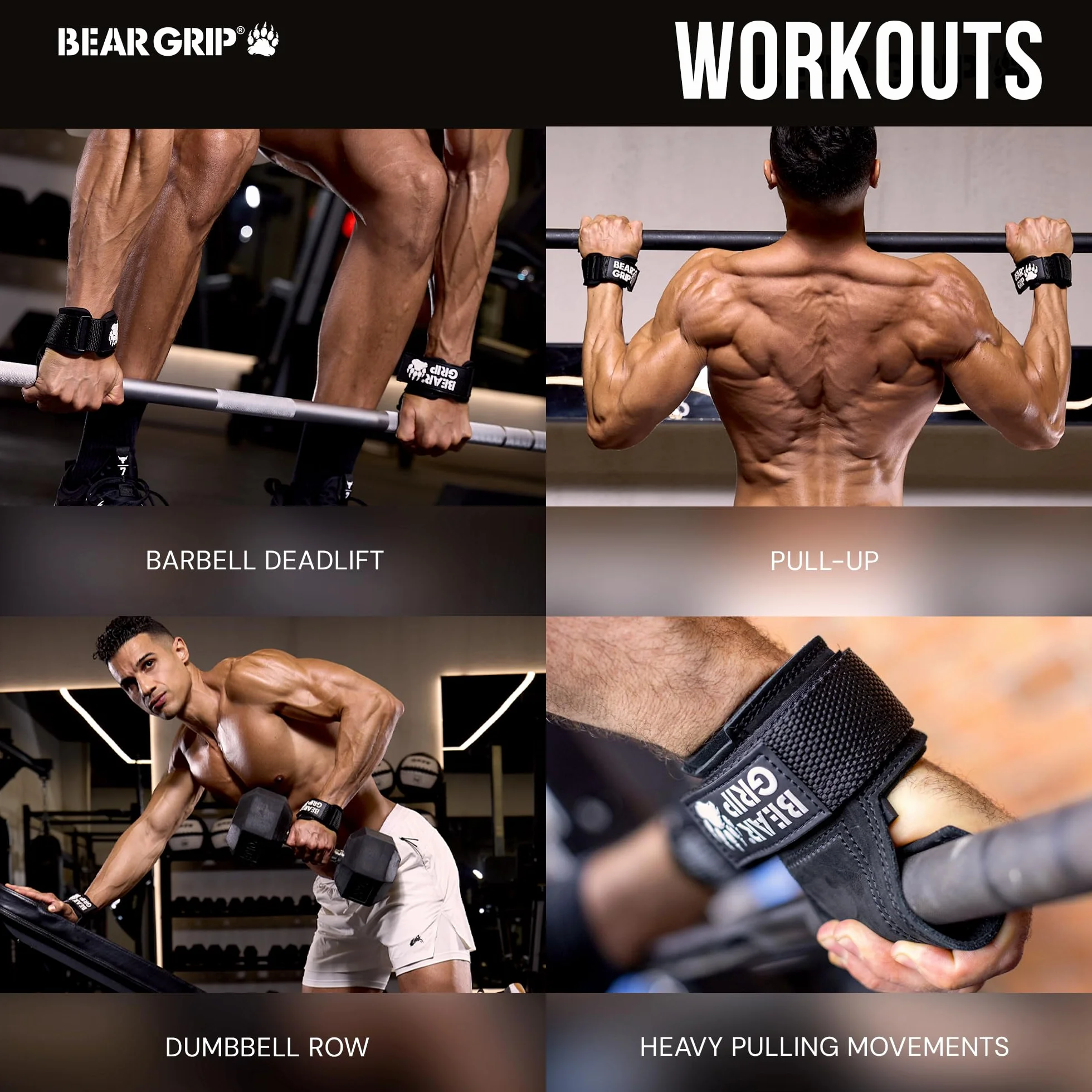 BEAR GRIP Paski/haczyki Multi Grip, wysokiej jakości wytrzymałe paski/rękawice do podnoszenia ciężarów (Standardowy gumowy)