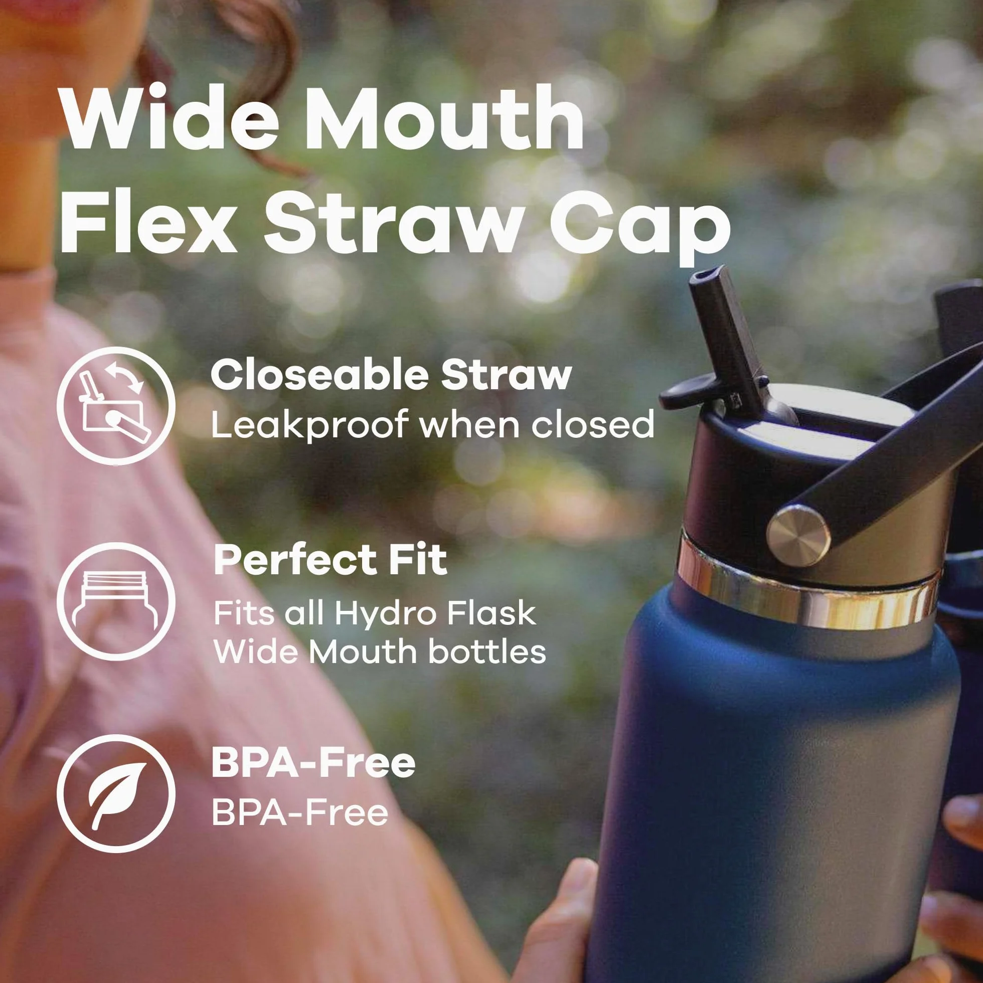 HYDRO FLASK - Szczelna, elastyczna nasadka do butelki na wodę ze stali nierdzewnej z szerokimi ustami - Bez BPA i bez toksyn - Można myć w zmywarce - Czarna