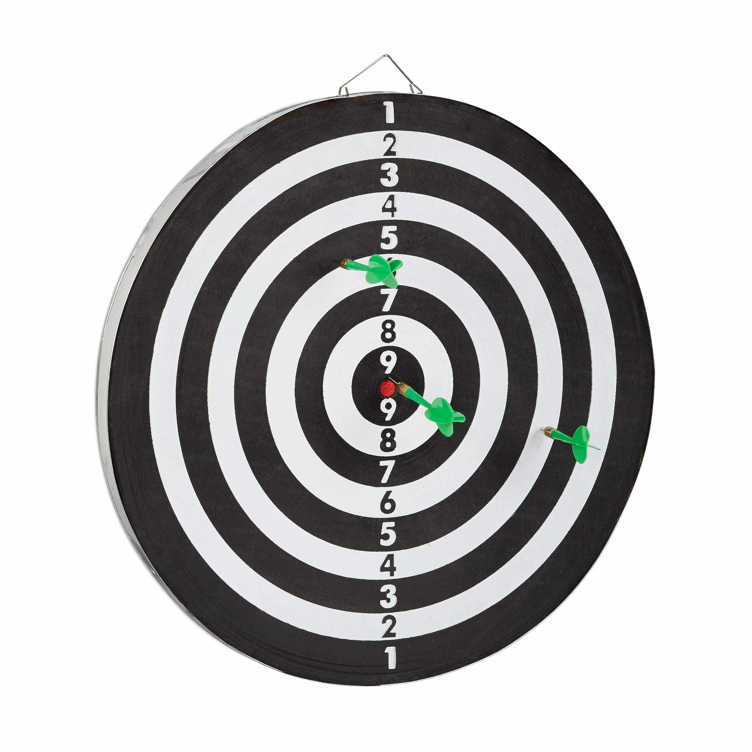 Relaxdays Tarcza do rzutek X1 z rzutkami, 43 cm, 6 x rzutki, dwustronna, stalowe rzutki, klasyczna tarcza do rzutek, czarno-biała