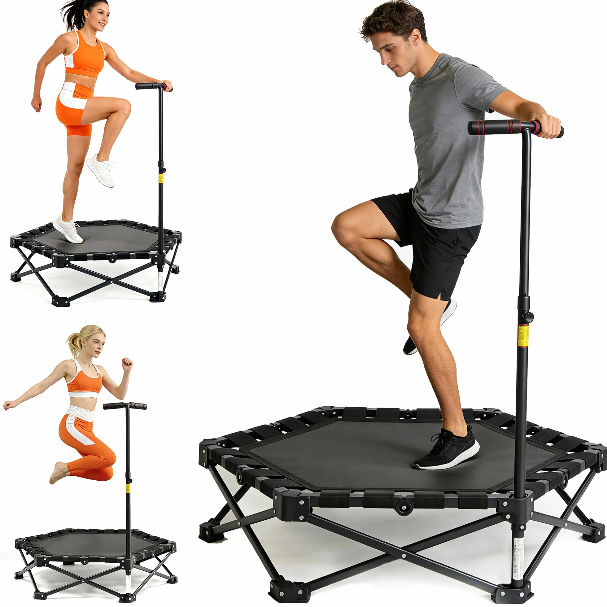 Składana mini trampolina 106 cm, 3-stopniowa regulacja wysokości, bez montażu, do użytku wewnątrz i na zewnątrz, z wytrzymałą ramą X, cicha, antypoślizgowa, do treningu domowego i zabawy
