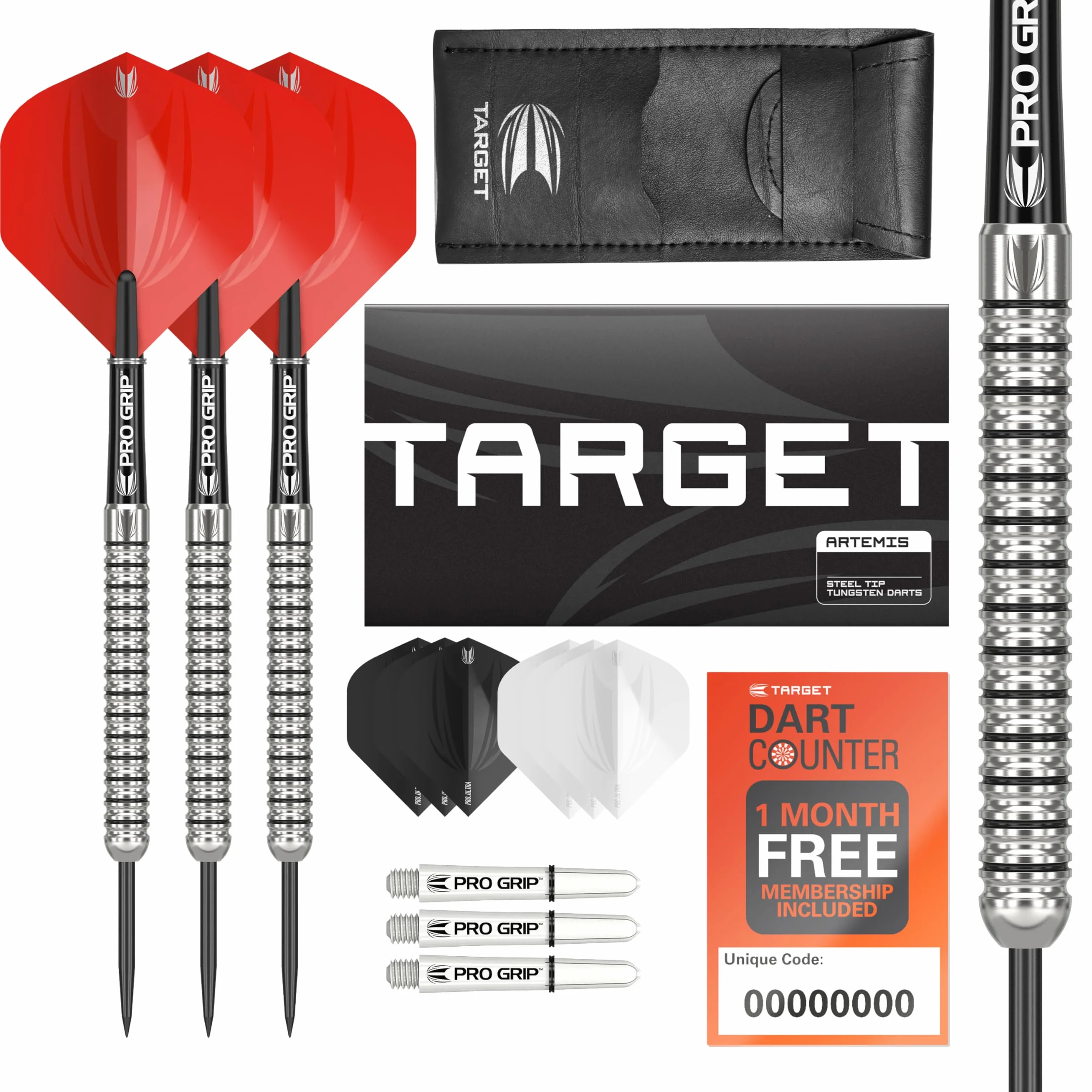 Target Darts Artemis zestaw lotek z wolframowymi stalowymi grotami 21g-26g | Artemis Original | K-Flex piórka i shafty | profesjonalny zestaw akcesoriów do darta z etui