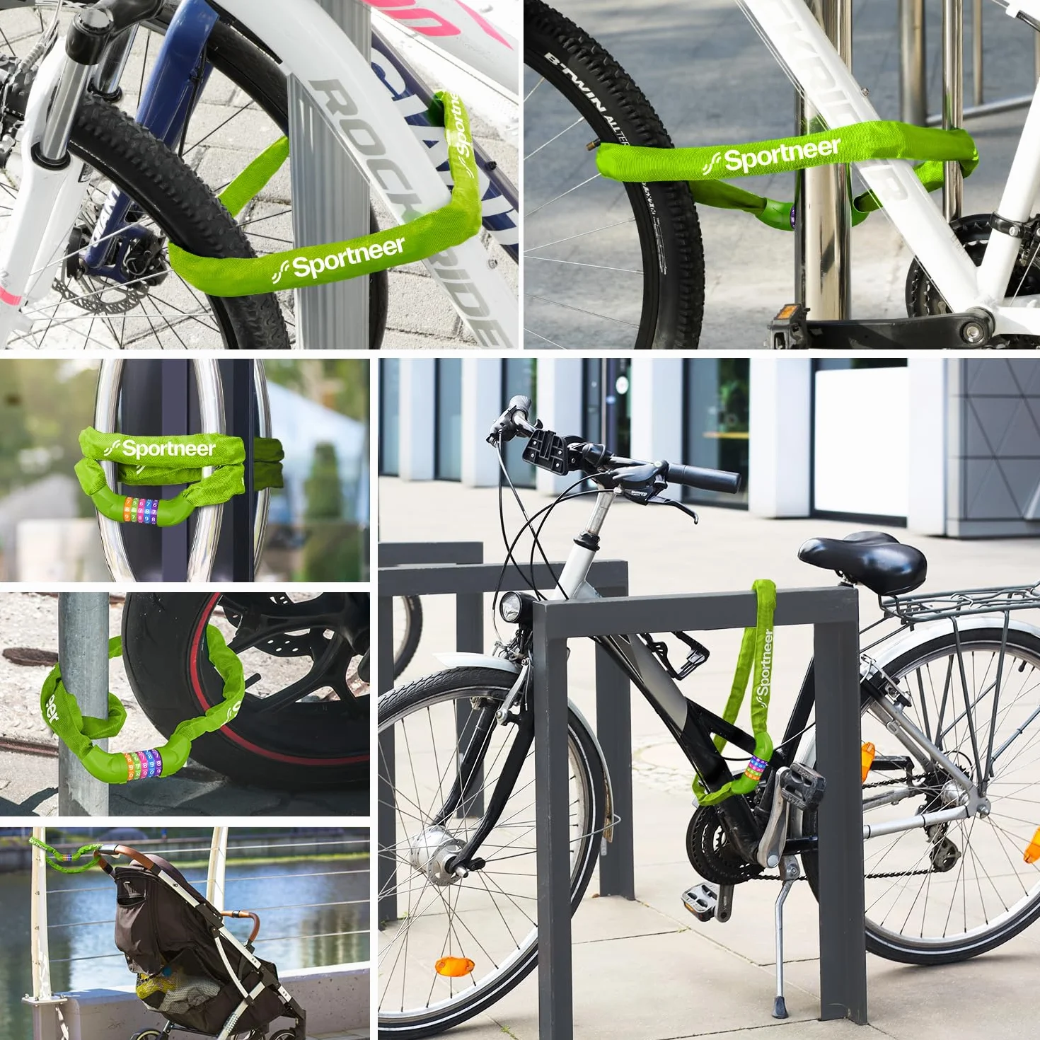 Sportneer Blokada rowerowa, zabezpieczenie łańcucha rowerowego, 5-cyfrowe, resetowalne, szyfrowe, antykradzieżowe, 7 mm x 975 mm