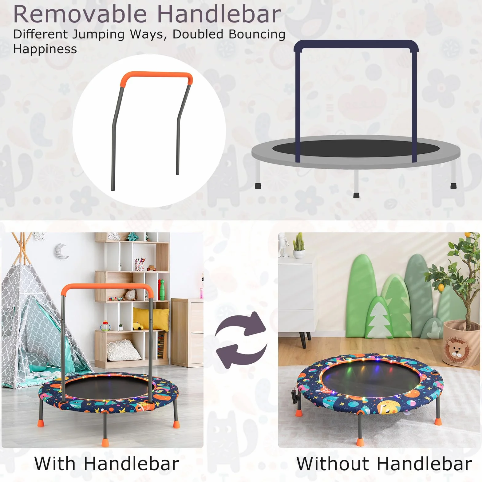 KOMFOTTEU Trampolina dziecięca, Ø 92 cm, mini trampolina ze światłami LED, trampolina ogrodowa z uchwytem i matą bezpieczeństwa, trampolina dla dzieci w wieku 3-6 lat