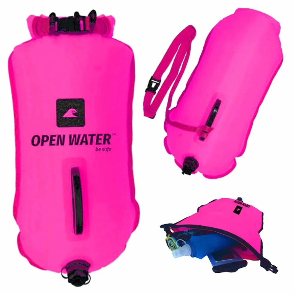 OPENWATER dmuchana boja do pływania XL - duża bojka asekuracyjna z kieszenią na rzeczy 28L różowa