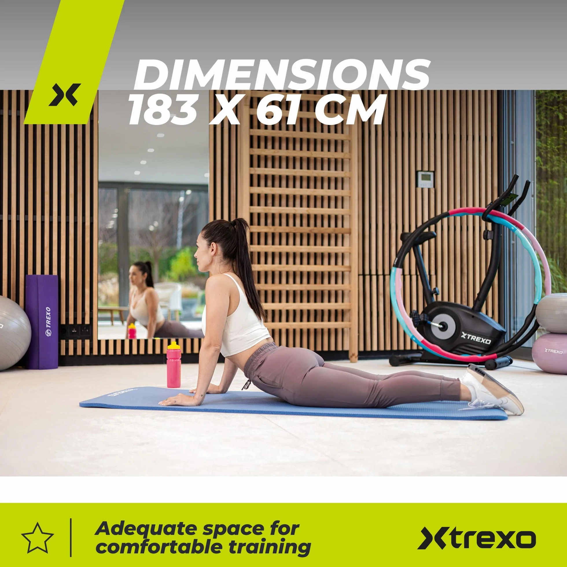 XTREXO NBR mata do ćwiczeń w kolorze jasnoróżowym, 183 x 61 cm, materiał o wyjątkowej trwałości i elastyczności, grubość 15 mm z antypoślizgową teksturą, w komplecie z paskiem do noszenia, idealna do