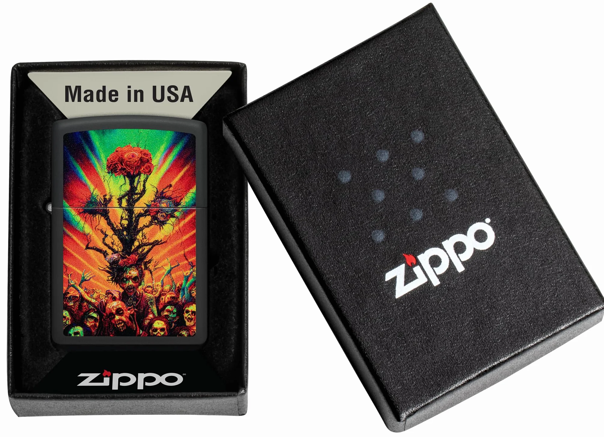 Zippo Abstract Zombie Zapalniczka Sztormowa, Kolorowy Nadruk, do Napełniania, Wielokrotnego Użytku, Wiatroodporna Konstrukcja, Pudełko na Prezent, Wykonano w USA, Kolor Czarny Matowy