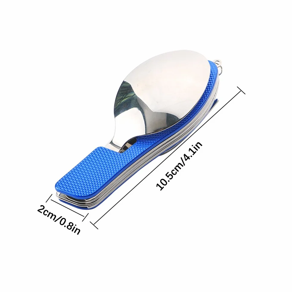 2 szt. sztućców kempingowych 4 w 1, składane sztućce 4 w 1, stal nierdzewna, zestaw sztućców kempingowych, nóż, widelec, łyżka, otwieracz do butelek (niebieski)