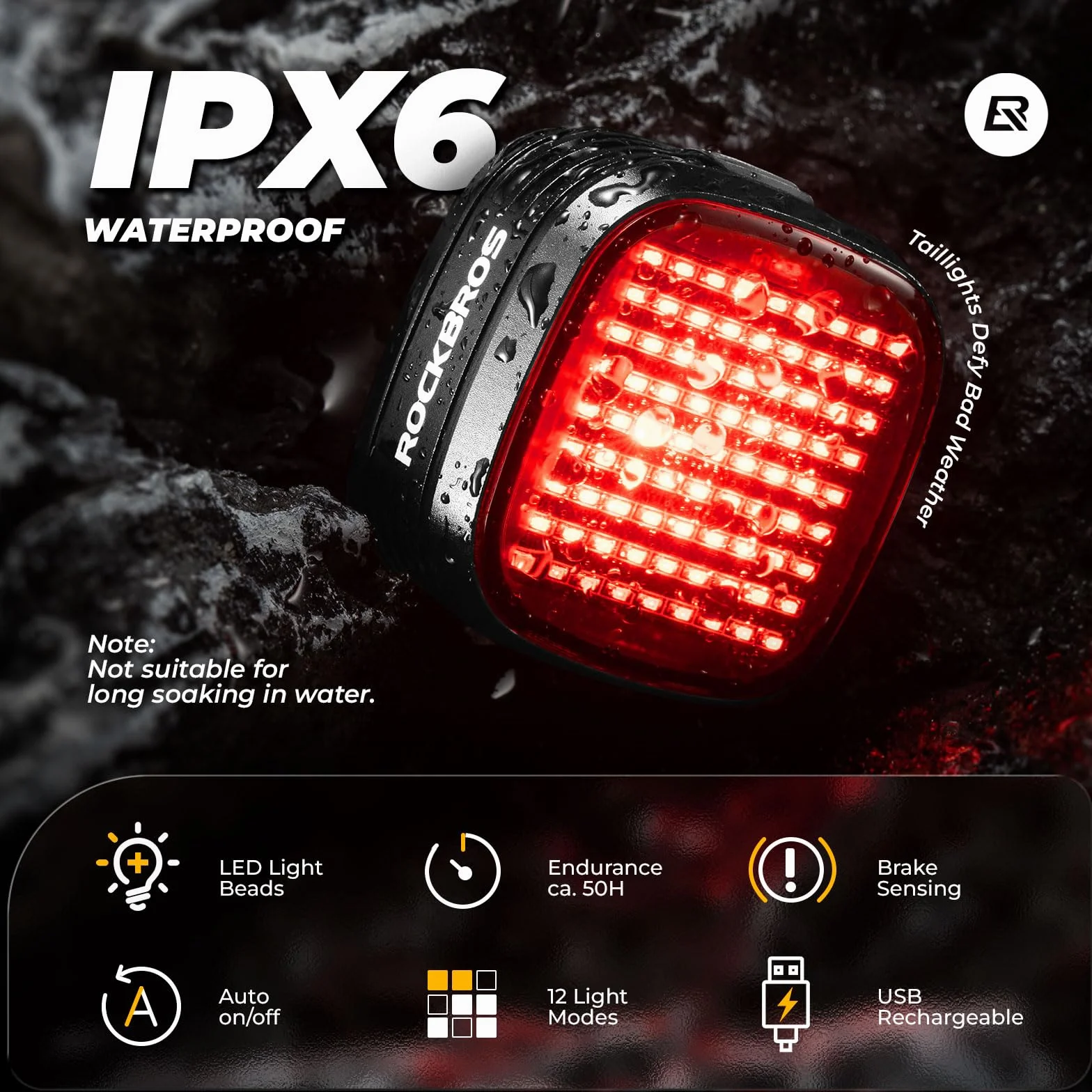 ROCKBROS Tylna Lampka Rowerowa LED, Mocna 12 Trybów, Wodoodporna IPX6, USB