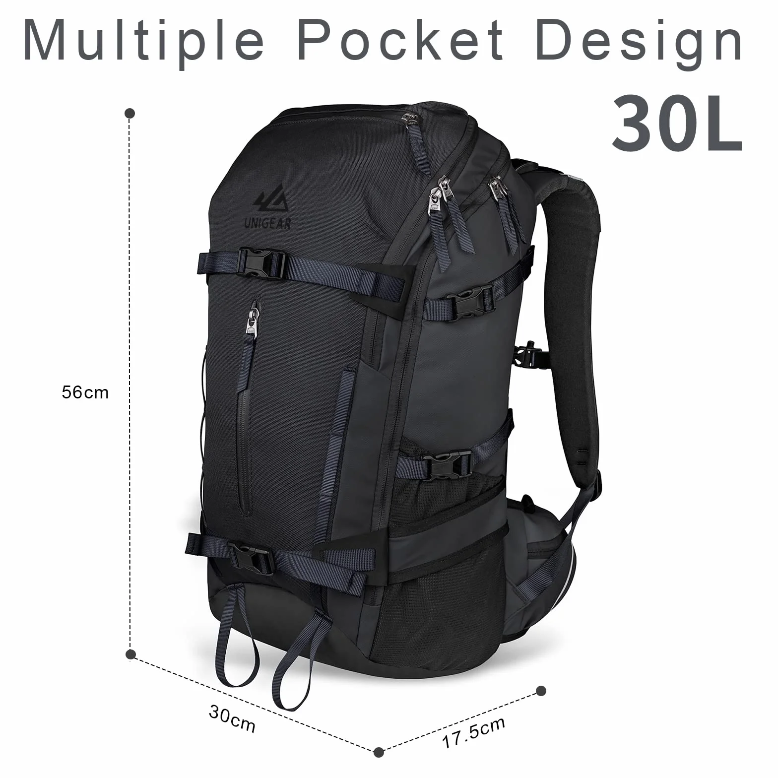Unigear Plecak narciarski, 30 l, snowboardowy plecak podróżny 900D, wodoodporny plecak na snowboard, gogle, rękawiczki, narty, kemping i akcesoria turystyczne