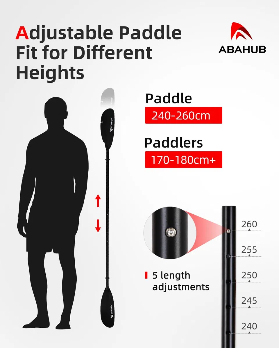 Abahub Regulowane wiosło kajakowe 240 cm do 260 cm aluminiowe wiosło wędkarskie podwójne wiosło ze smyczą wiosła do wędkowania kajak pręt ze stopu aluminium czarne plastikowe ostrza
