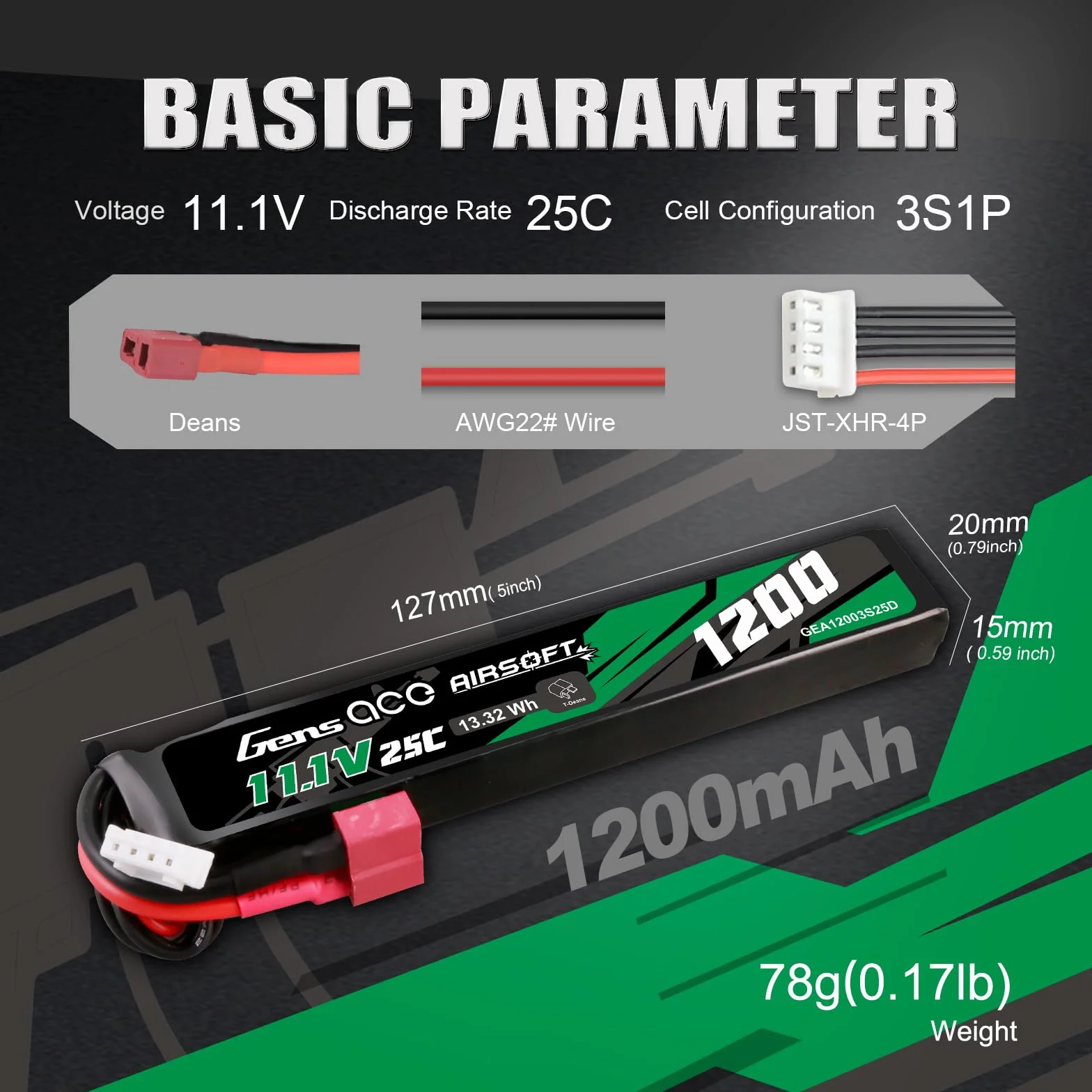Gens ace 3S 1200 mAh 11,1 V 25C Lipo Airsoft akumulator z Deans T