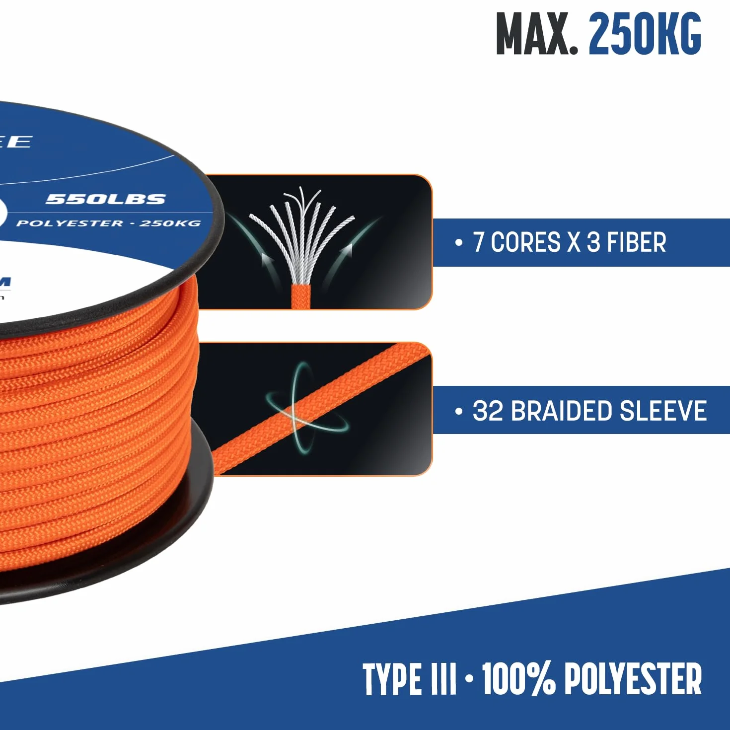 Brotree 550 Paracord 4mm 50m Linka Typ III 7-żyłowa Poliester Pomarańczowy