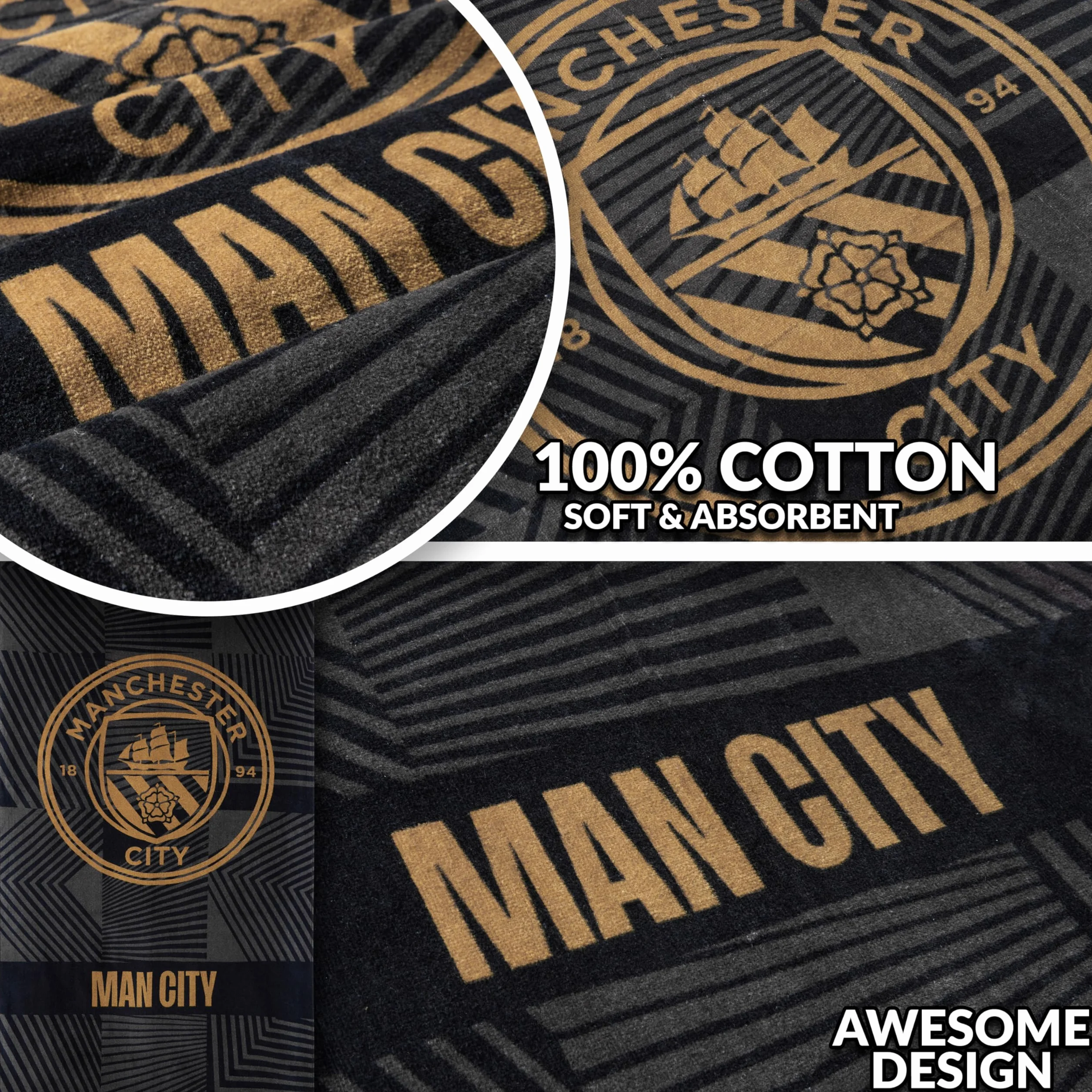 Manchester City FC Ręcznik Łazienkowy Welurowy 140x70 cm 100% Bawełna Czarny