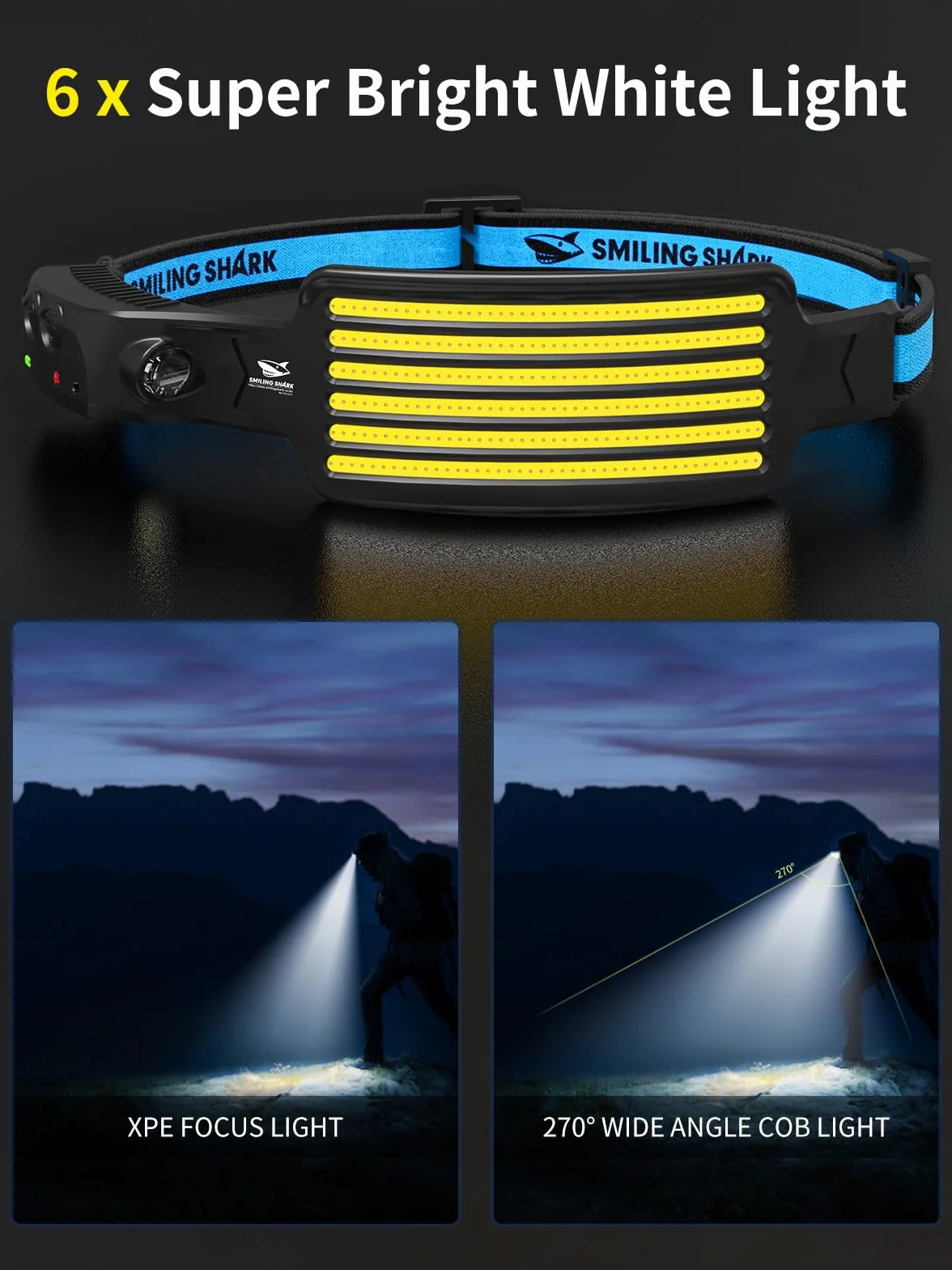 Smiling Shark Akumulatorowa lampa czołowa, szeroki kąt 230°, 6 x białe światło, najjaśniejsza lampa czołowa LED z czujnikiem ruchu, wodoodporny reflektor na kemping, wędrówki, na zewnątrz, lampa