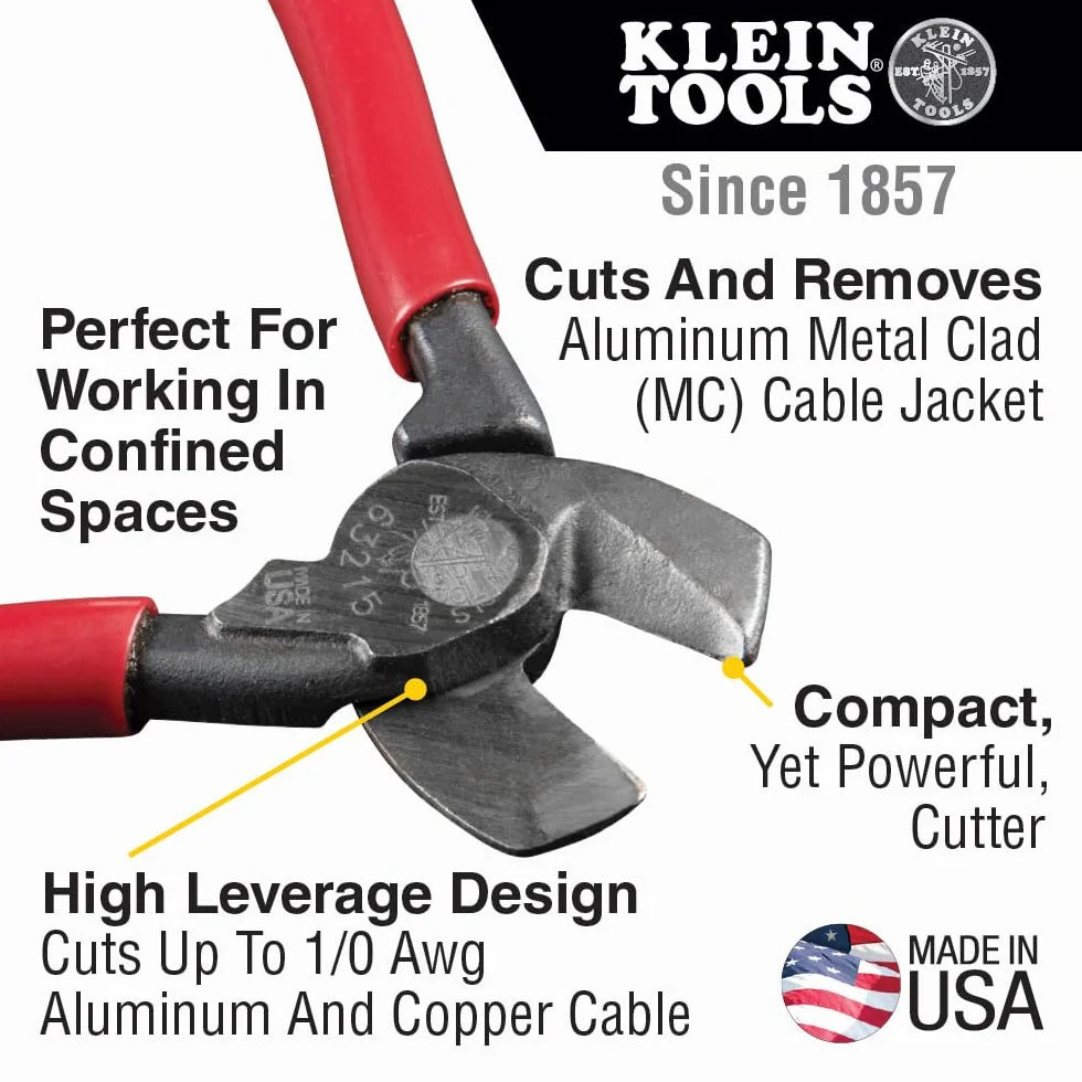 Klein Tools 63215 Obcinak do kabli, kompaktowy 15,5 cm, kuty ze stali, do cięcia kabli aluminiowych i miedzianych