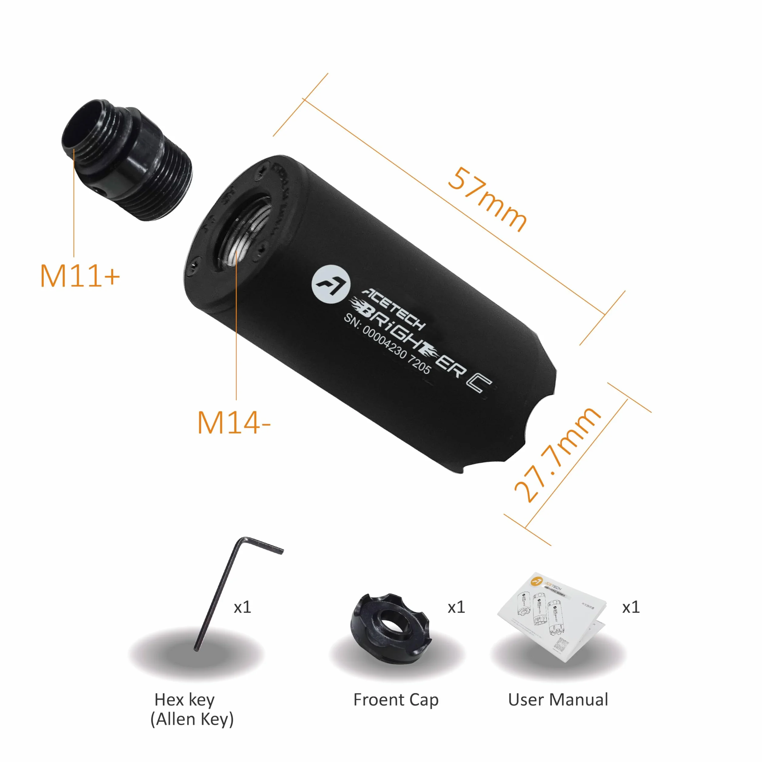 ACETECH Airsoft Tracer Unit Brighter C Tlumič expozice kuličky 11mm závitem pravý (CW) závit a 14mm levý (CCW) adaptér
