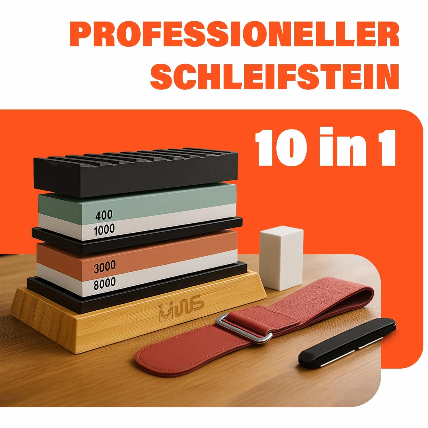 WS HOME Profesjonalna ostrzałka do noży 10 w 1 – kamień szlifierski o ziarnistości 400/1000 i 3000/8000 – osełka z bambusową podstawą, pomoc do szlifowania i skórzanym paskiem – precyzyjne ostrzenie