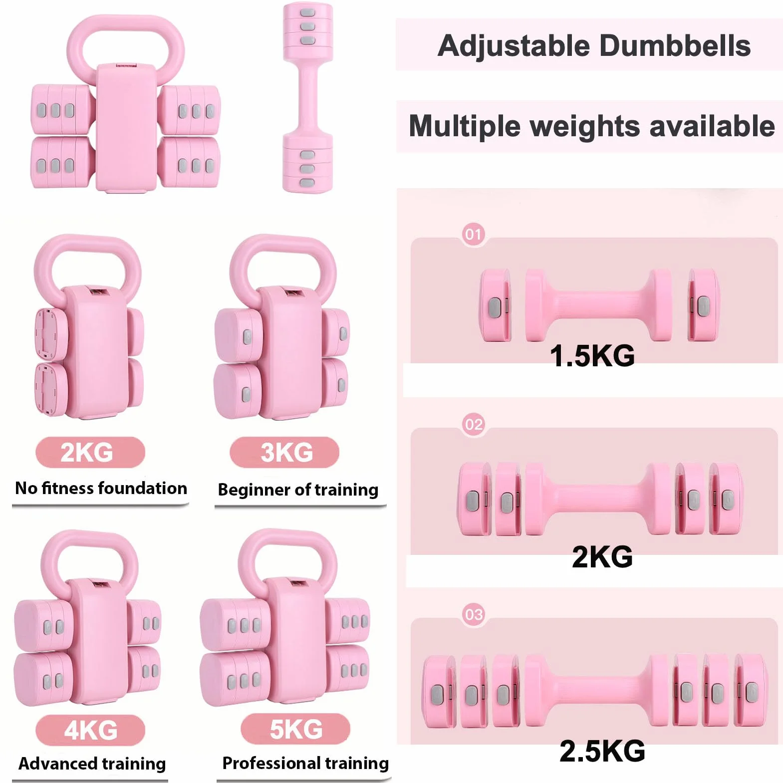 ZhaoCo Zestaw Regulowanych Hantli 2 w 1 1-2,5 kg Kettlebell