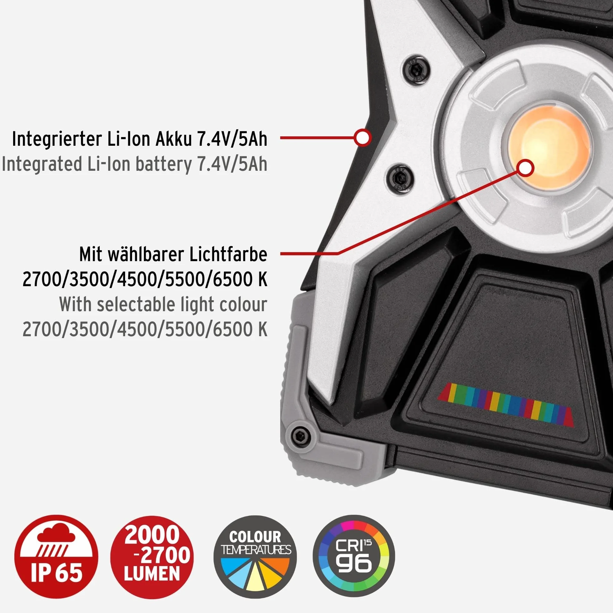 Brennenstuhl Lampa robocza LED RUFUS 15CRI 96 / Reflektor LED o wysokim współczynniku CRI (2700lm, dla malarzy, lakierników, przemysłu samochodowego i warsztatów, w zestawie kabel do ładowania)