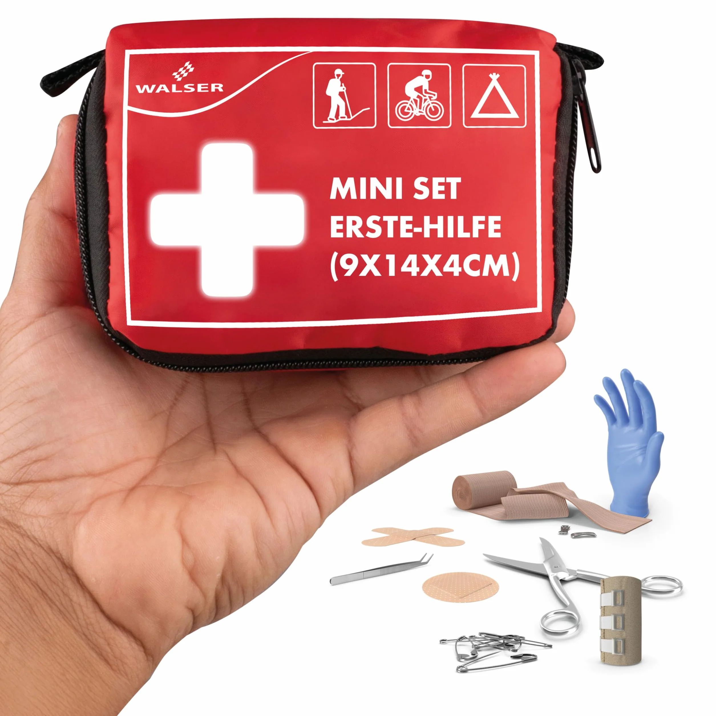 Walser Premium Mini Apteczka Pierwszej Pomocy 2025, Wodoodporny Zestaw Ratunkowy na Zewnętrzne/Kampowanie/Rower, 34-częściowy Zestaw Farmaceutyczny Podróżny, Kompaktowa Apteczka Pierwszej Pomocy na