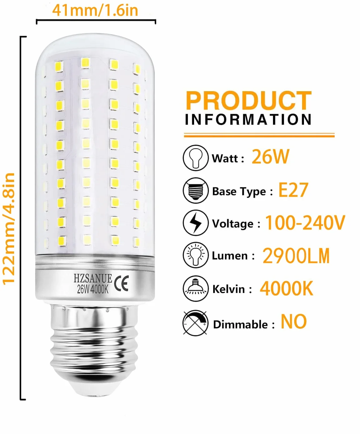 E27 Żarówki LED Kukurydziane 26W 4000K Neutralny Biały 2900 lm Odpowiednik 200W Opakowanie 3 szt