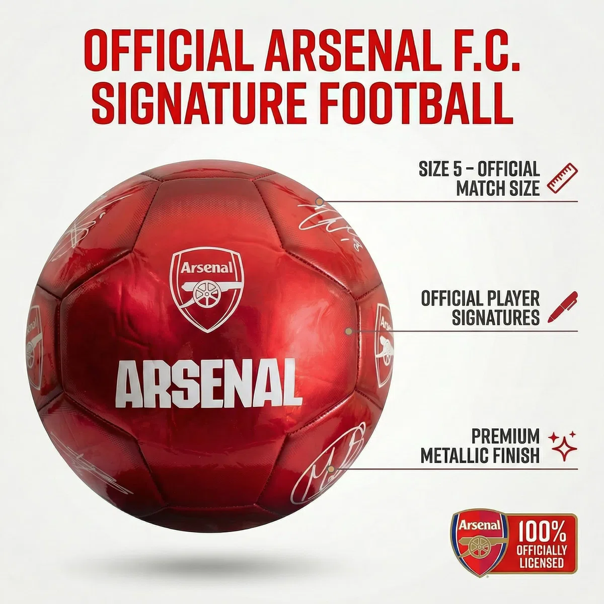 Hy-Pro Oficjalnie licencjonowana piłka nożna Arsenal F.C. Classic Signature, metaliczna, rozmiar 5, strzelcy, trening, mecz, towar, kolekcjonerska dla dzieci i dorosłych, czerwona