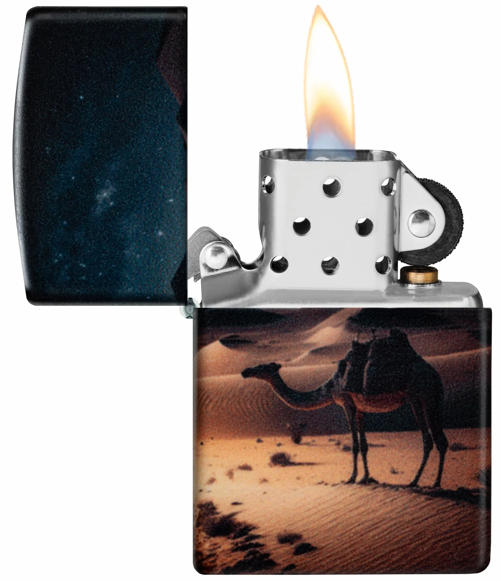 Zippo Camel Zapalniczka Sztormowa, Kolorowy Nadruk, do Napełniania, Wielokrotnego Użytku, Wiatroodporna Konstrukcja, Pudełko na Prezent, Wykonano w USA, Kolor Beżowy 540° (Camel 540°)