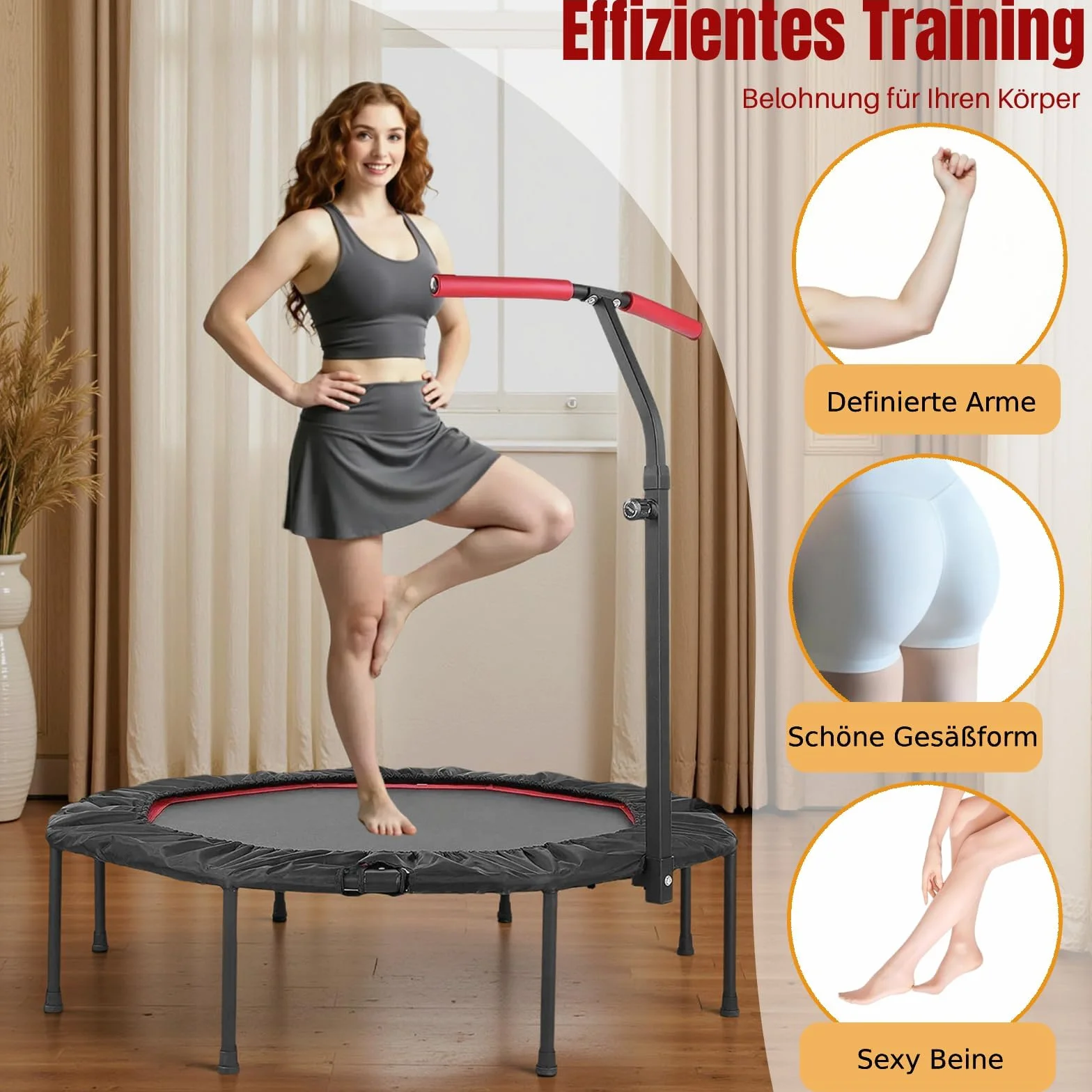 LIFERUN Cicha trampolina fitness, ośmiokątna mini trampolina, Ø 128 cm, do użytku wewnątrz i na zewnątrz, elastyczny sznurek, uchwyty z regulacją wysokości, obciążenie 150 kg, dla dorosłych, do