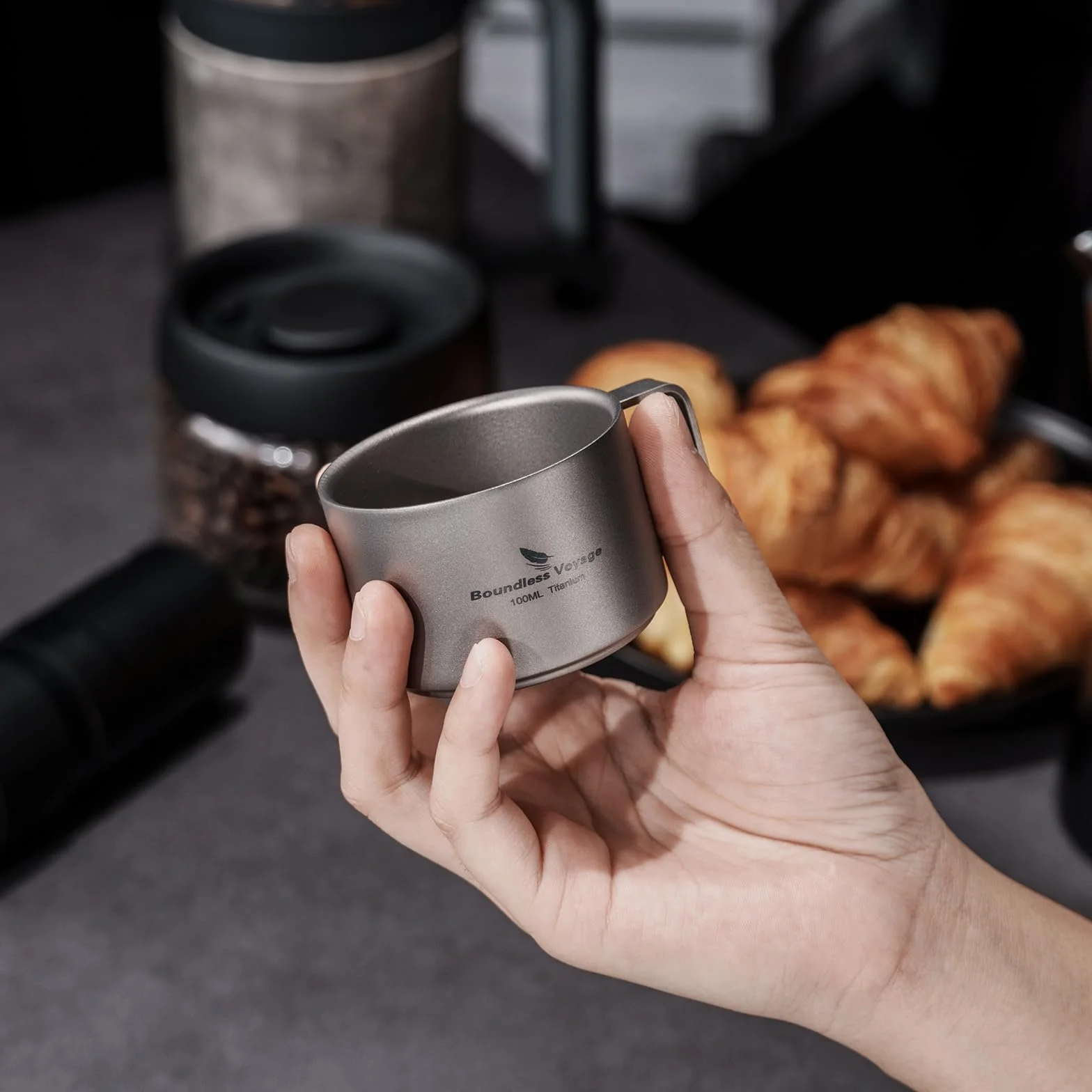 iBasingo Tytanowa filiżanka do kawy, 100 ml, z podwójnymi ściankami, mini kubek do espresso, do użytku na zewnątrz, na kemping, podróż, przenośny, trwały, metalowy naczynie do picia, Ti3085D (3)