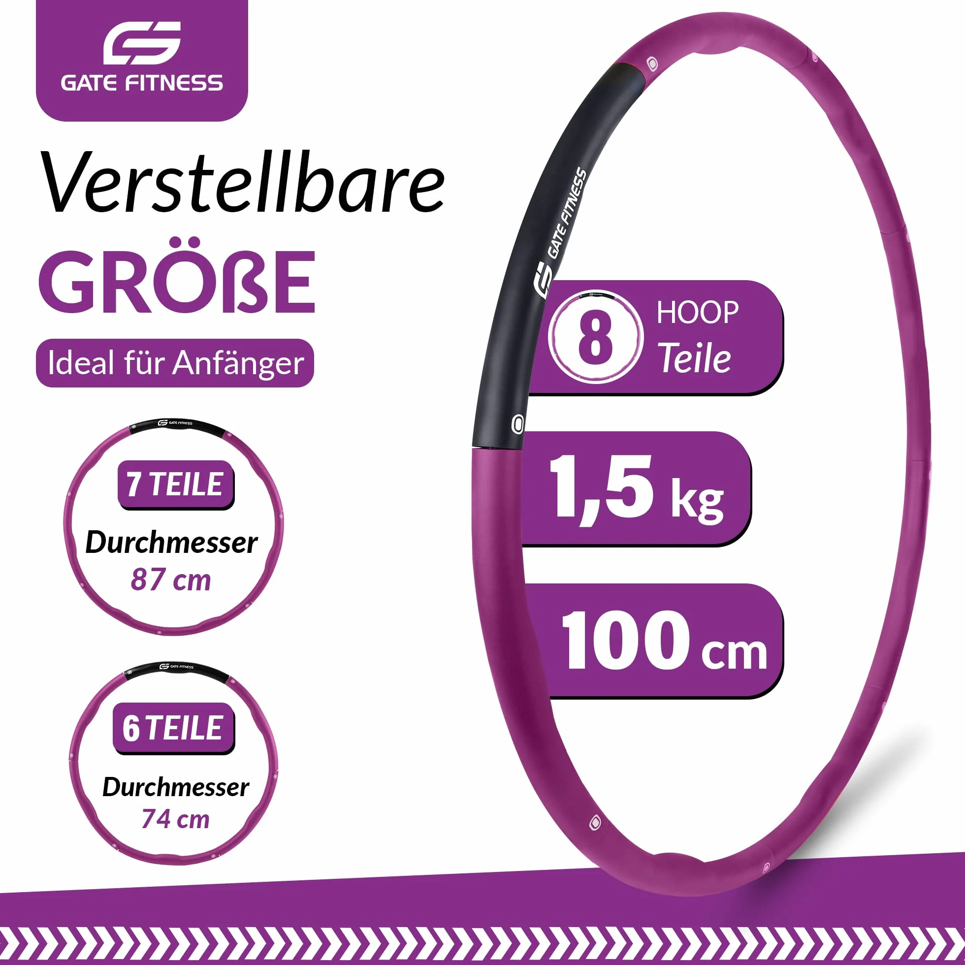 GATE FITNESS Hula Hop dla dorosłych i dzieci, odchudzanie, 1,2-2 kg, 6-8 segmentów, wzór falisty, pianka