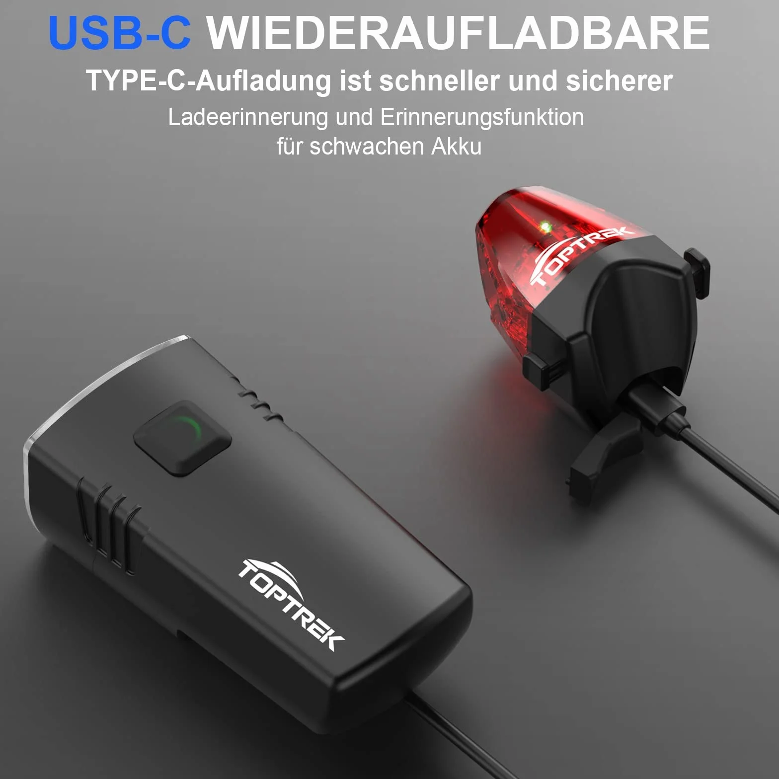 toptrek Światło rowerowe, ładowane przez USB, światło rowerowe typu C, dopuszczone do ruchu drogowego (obowiązują przepisy lokalne), światło rowerowe przednie do 70 luksów z tylnym światłem, odporne